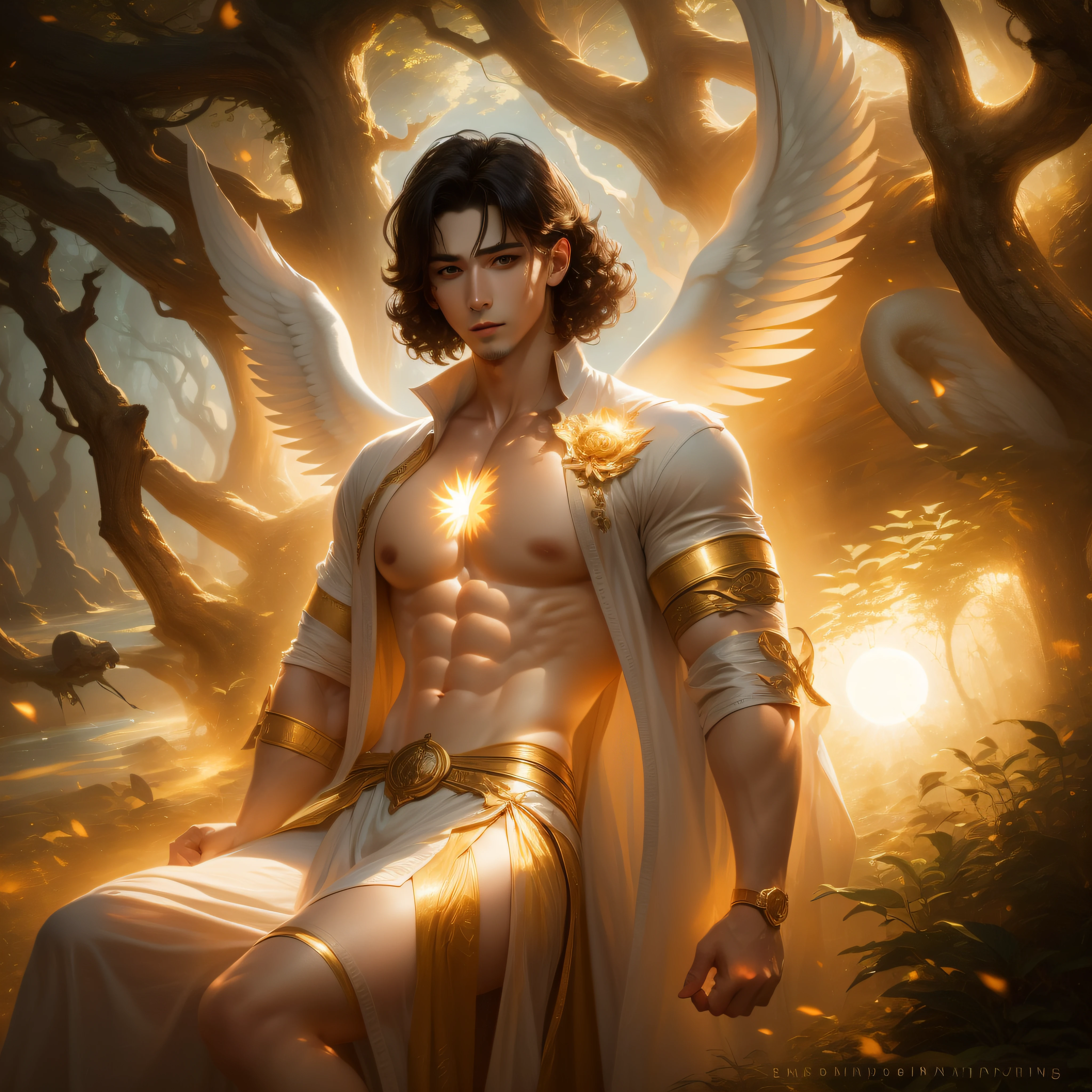 Adult angel with large wings, male, sun collar on neck, male face, golden and illuminated eyes, light skin, and very short and curly dark hair, kissing princess
