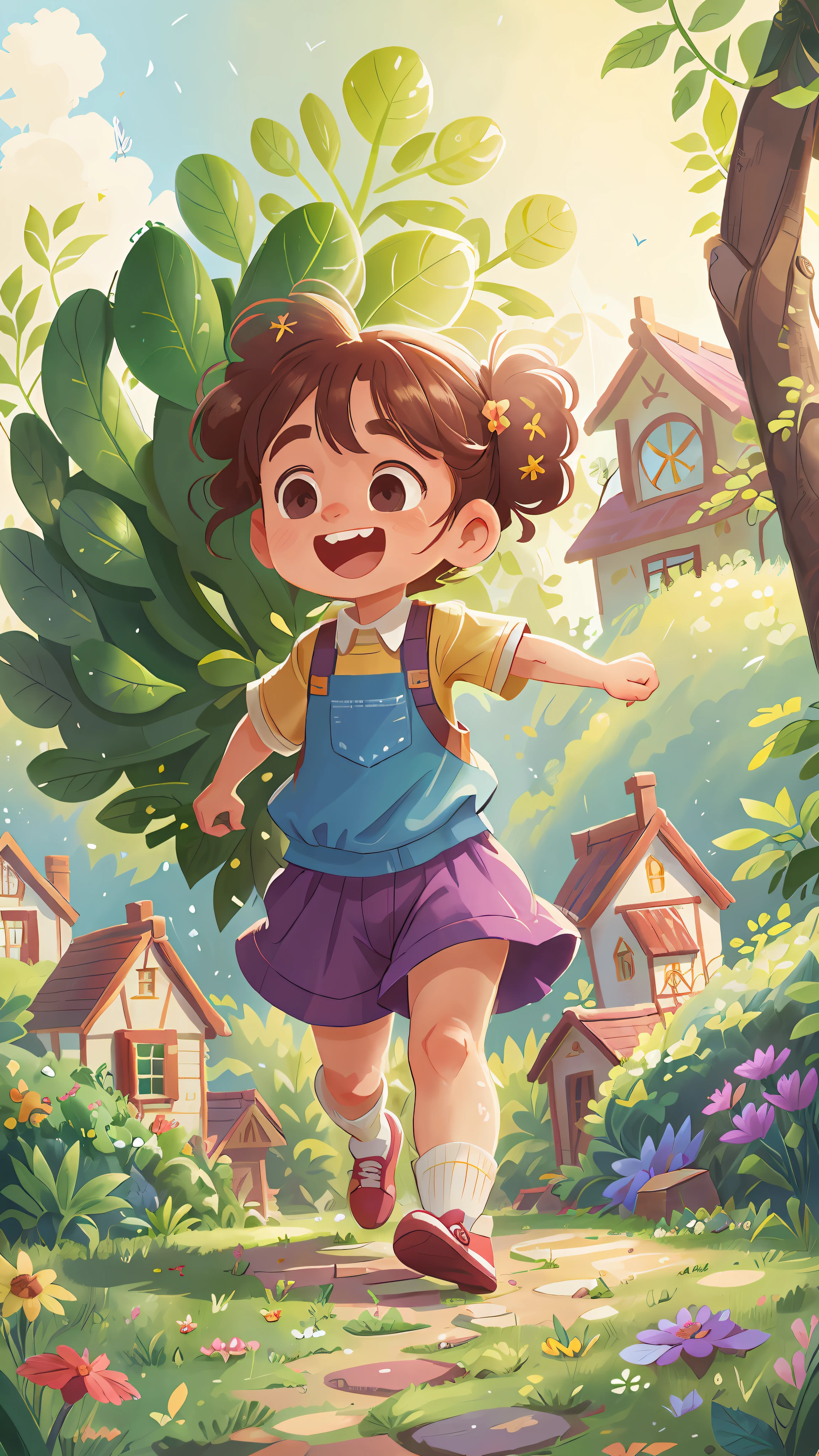 A is running in a garden, she is wearing gardener's clothes, is happy, laughing, perfect quality, clear focus (mess - house: 0.8), (masterpiece: 1.2) (Realistic: 1.2) (Bokeh) (Best quality) (Detailed Skin: 1.3) (Intricate Details) (8K) (Eye Detail) (Sharp Focus), (Happy)