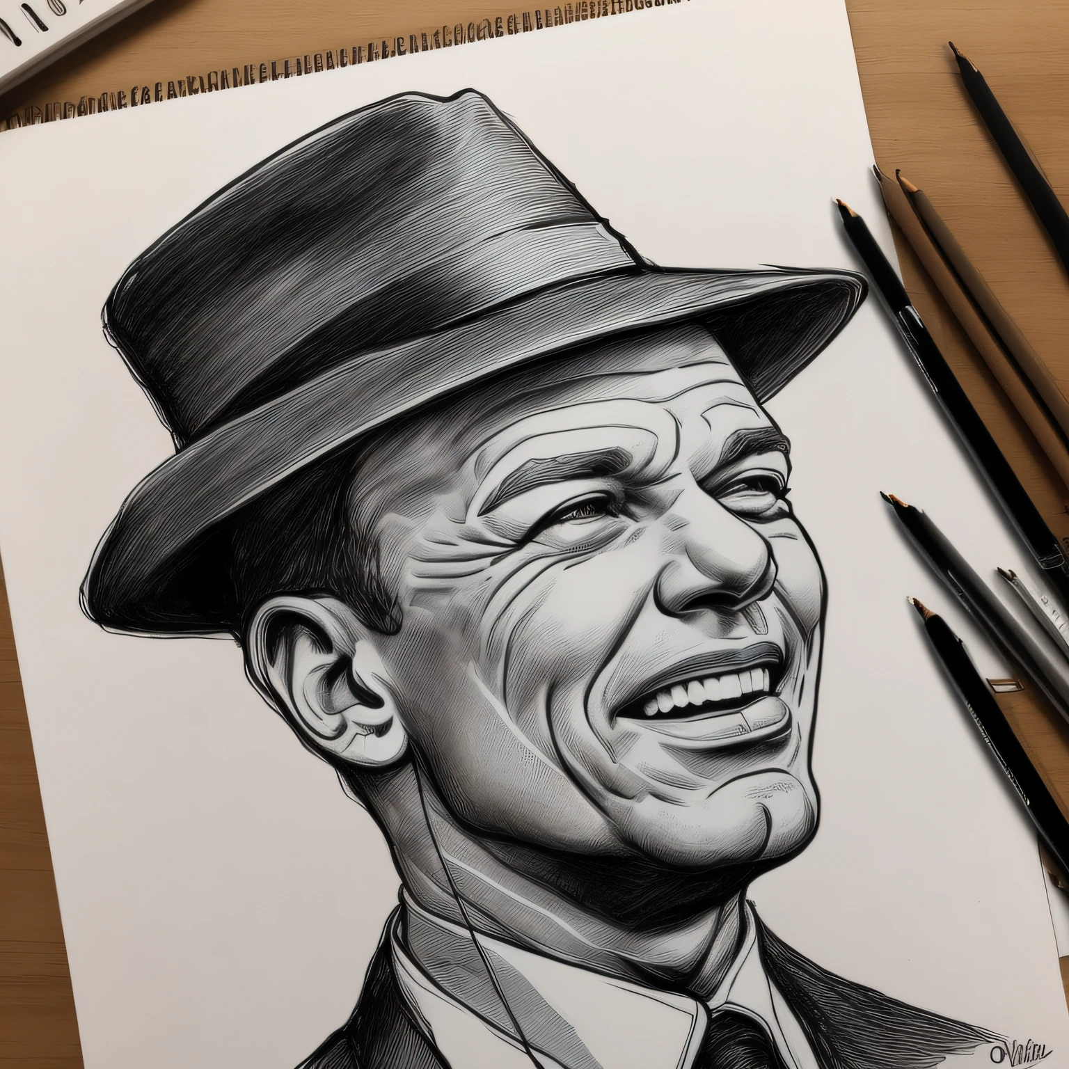 Frank Sinatra, desenho, lineart, jovem, olhando de lado, with a hat --auto
