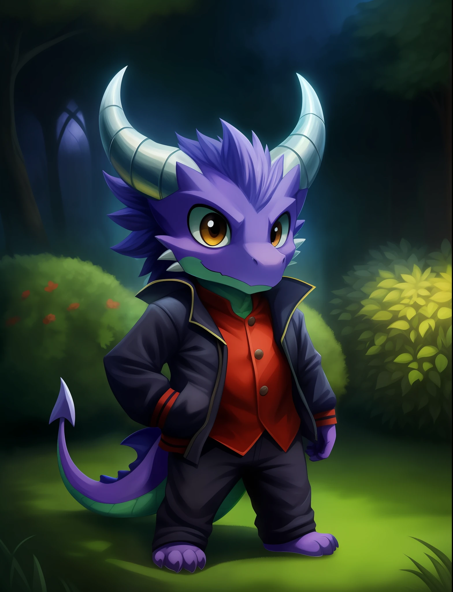 Masterpieces, furry, male, (dragon), solo, horn, chibi, kemono, garden, wearing jacket, high quality, absurd res, digital painting, (dark shadows, wide dynamic range, hdr, low light:1.2)