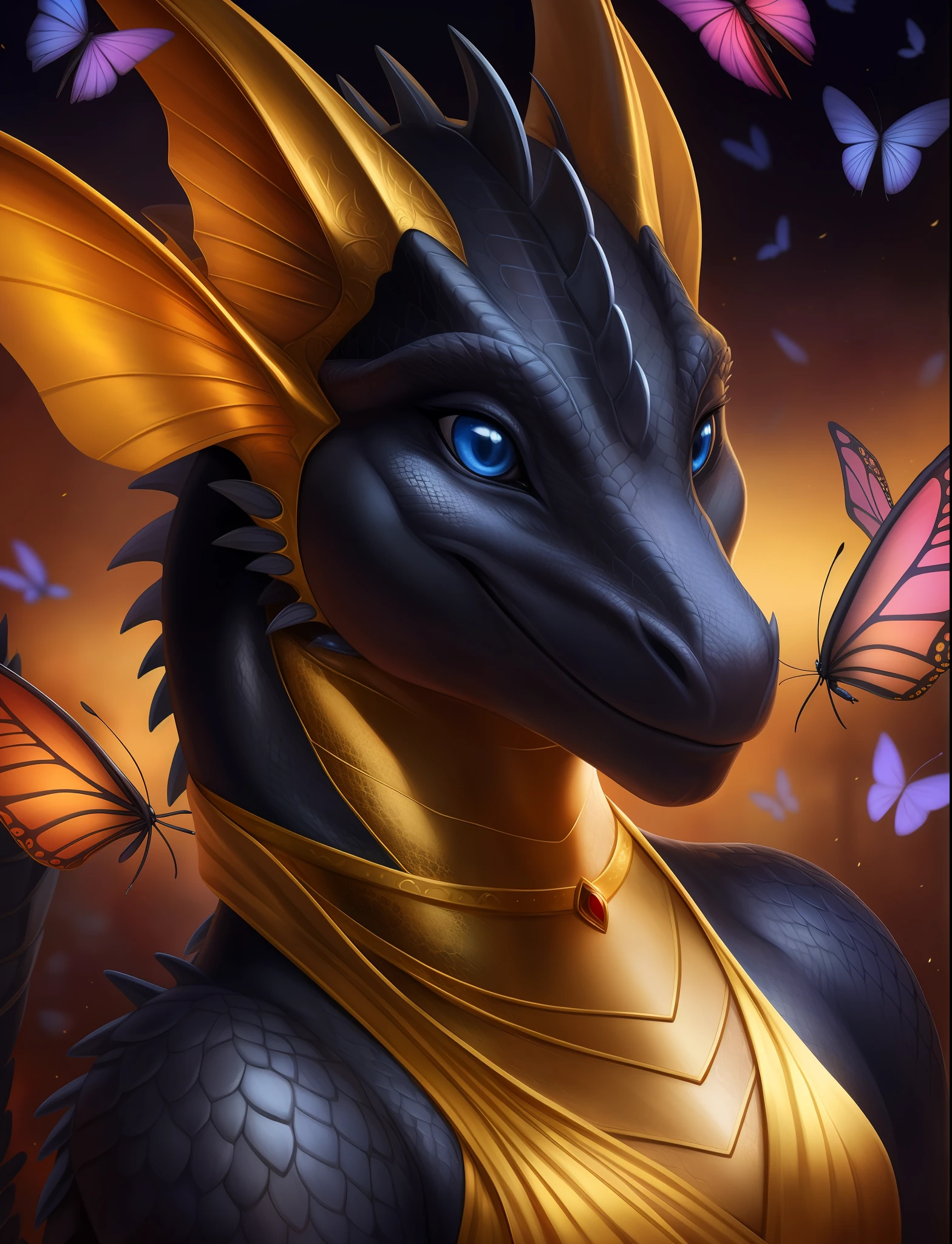 black dragon, closeup, blue eyes, adorable, golden dress, disney princess, surrounded by butterflies, smiling, realistic skin texture, detailed sharp scales, colorful, fantasy art