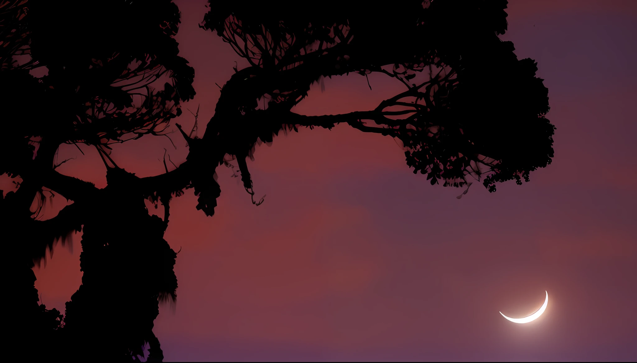 there is a crescent that is in the sky with a tree, moonlit purple sky, crescent moon in background, pink moon, forest and moon, photo taken at night, moonlight through the trees, reflection of the moon, moonlight through trees, moonlit nightscape, giant pink full moon, moonlit sky, dramatic moonlit lighting, blood red cresent moon