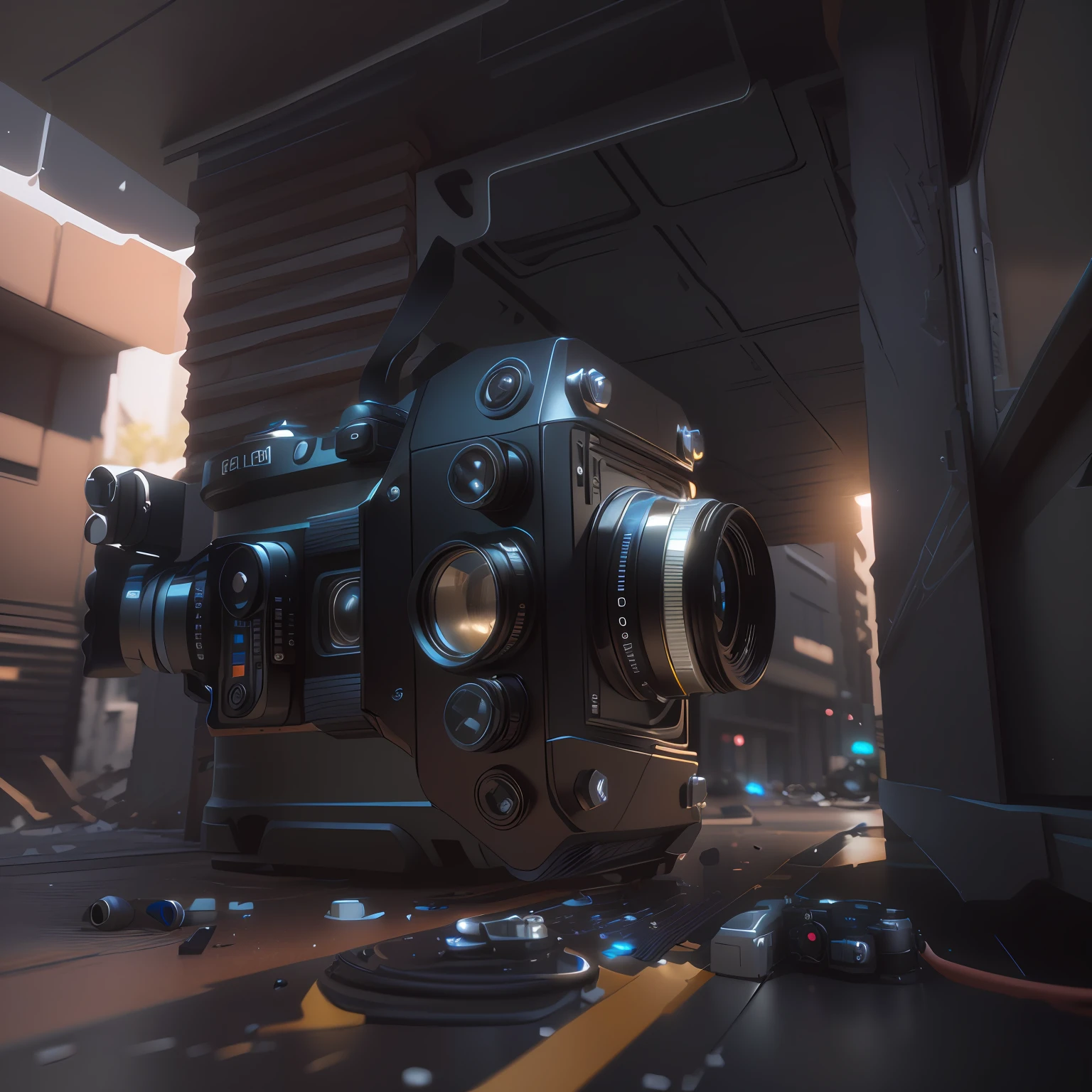 there is a camera sitting on the ground in front of a building, unreal engine. sigma 35mm, photorealistic cinematic render, 8k octane unreal render, octane 8k render, octane 8 k render, hyperealistic octane render, 8 k octane detailed render, fine details 8k octane rendering, realistic. octane render, hyperrealistic octane render