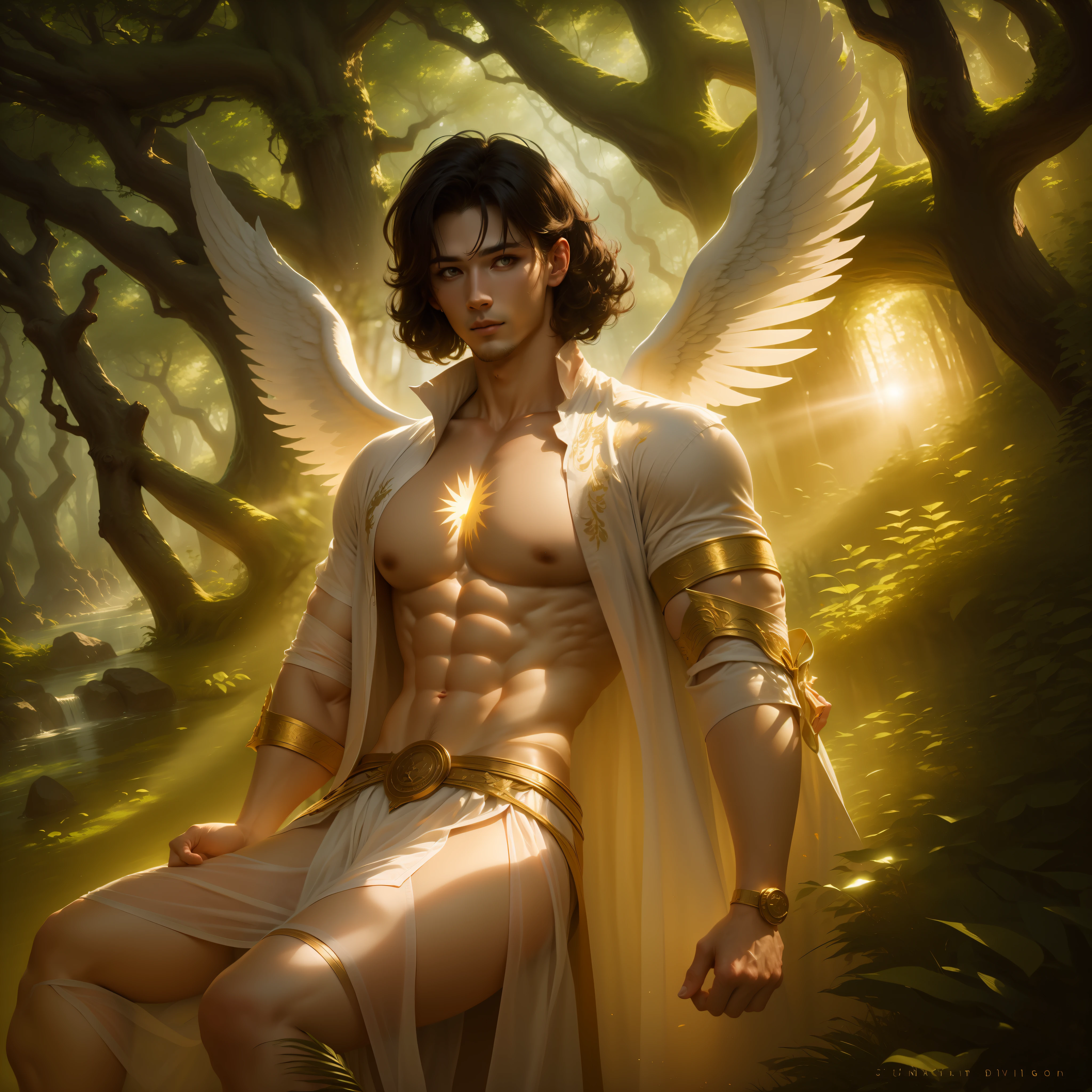 Adult angel with large wings, male, sun collar on neck, male face, golden and illuminated eyes, light skin, and very short and curly dark hair, sitting on a tree, white underwear. Dark forest in the background, forest, and nature, night --auto