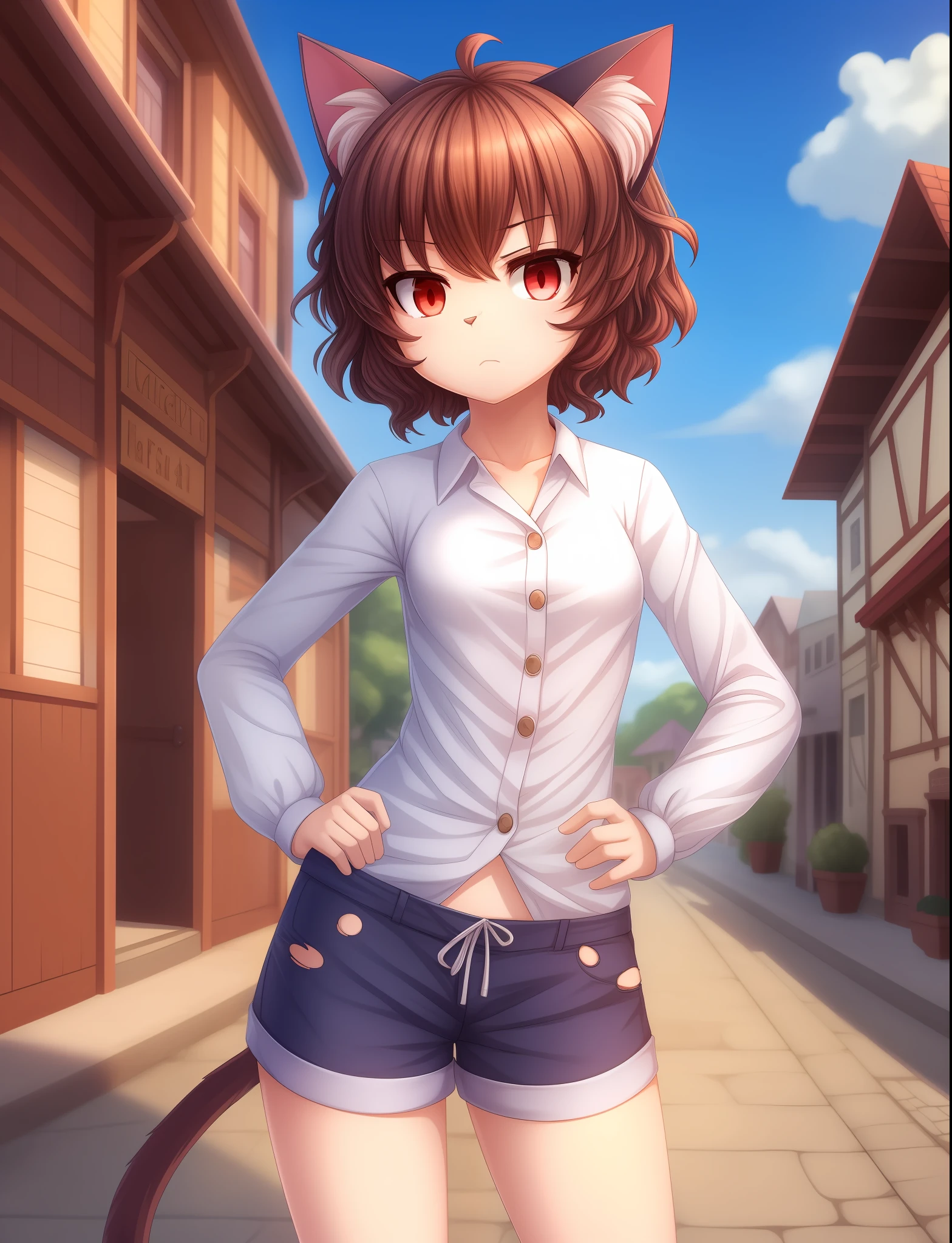 masterpiece, best quality, highres, neferpitou1, cat ears, (cat tail:0.6), solo, short hair, red eyes, long sleeves, hair between eyes, :3, curly hair, striped, cat girl, buttons, striped shorts, (frown:1.2), torn clothes, leaning forward, pointing at viewer, (hand on hip:1.1), open mouth, town,