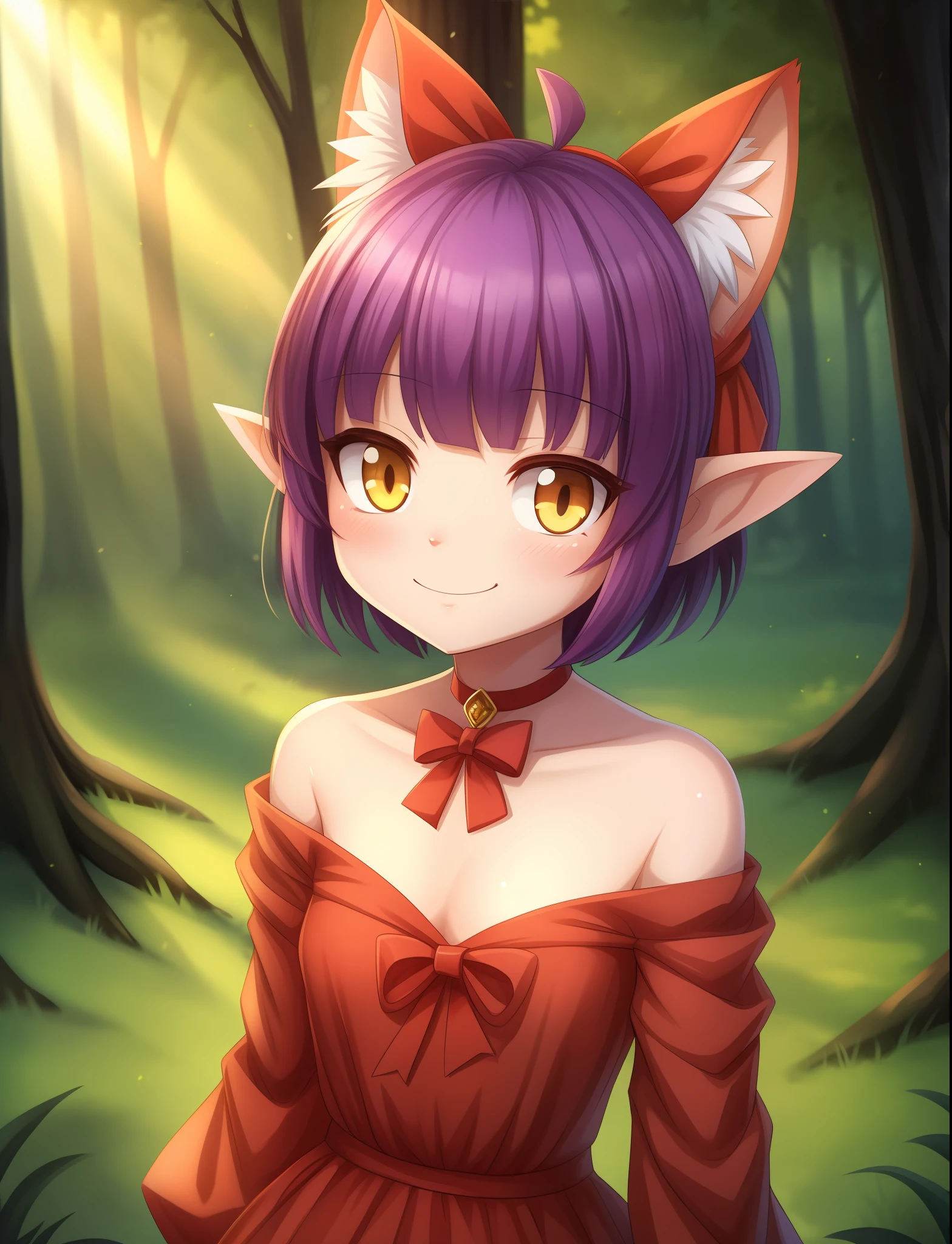masterpiece, best quality, highres, nmm1, nekomusume, nekomusume \(gegege no kitarou 6\), 1girl, purple hair, yellow eyes, solo, red dress, red choker, hair bow, pointy ears, short hair, white shirt, long sleeves, red bow, bangs, collarbone, brooch, jewelry, cowboy shot, forest, smile,