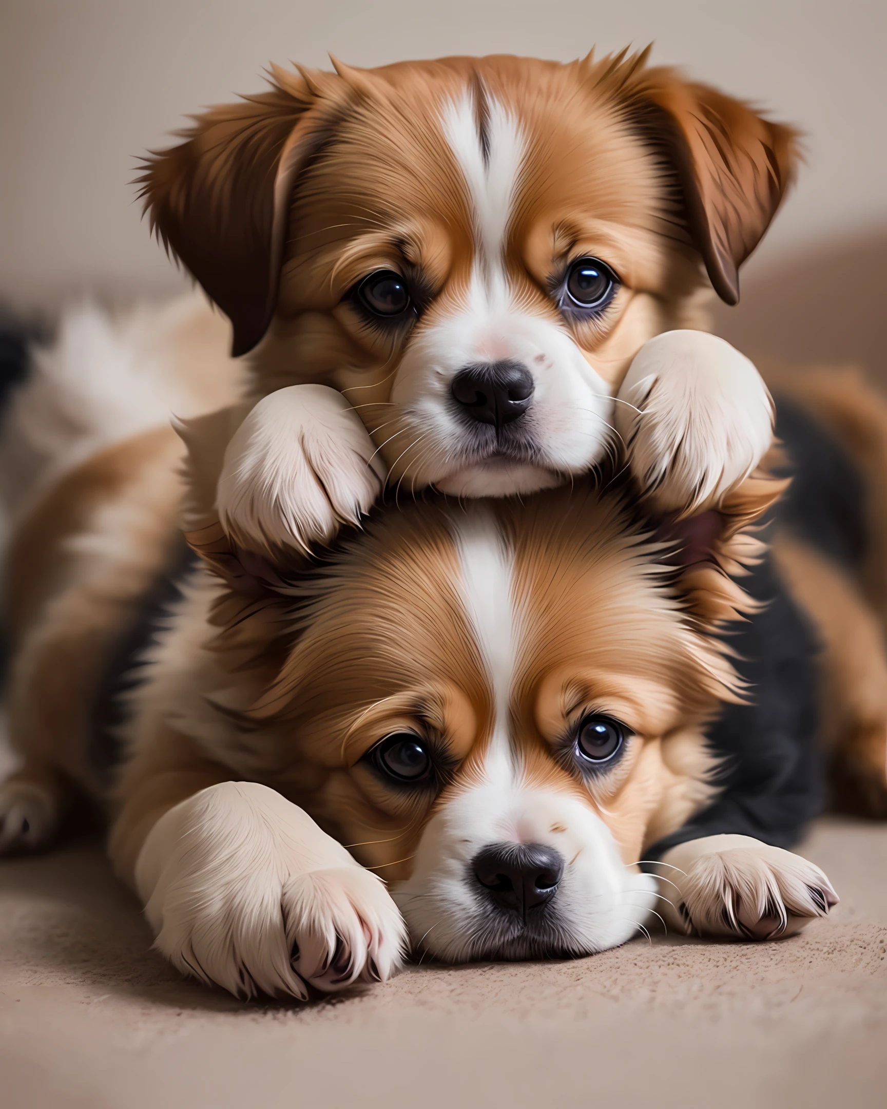 A lot、Cute puppy、Play with each other、Background bokeh、Realstic、SLR、8k、Cinematic shots、Ultra-detailed fur in hyperrealism、Real dog fur、Accurate dog paws