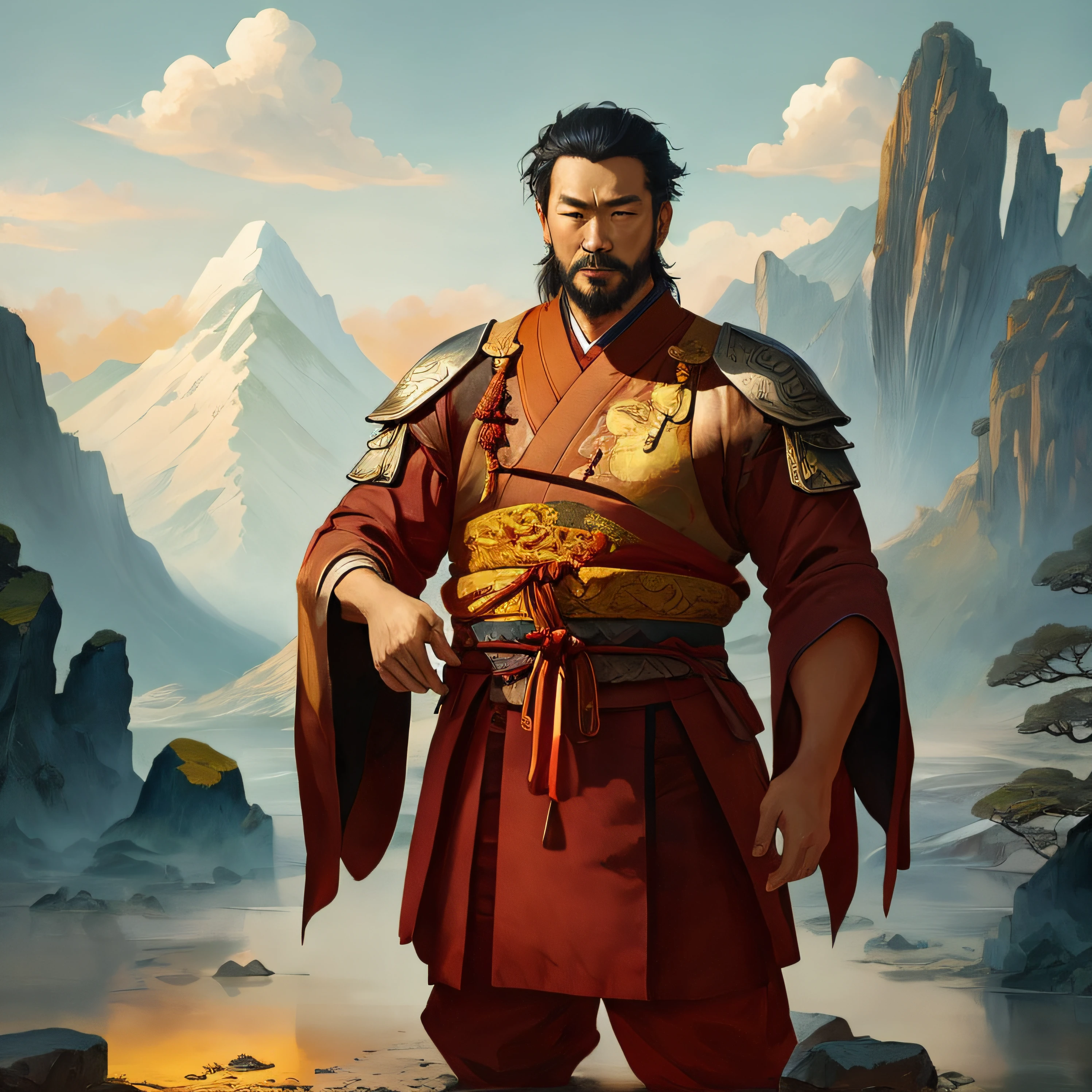 there is a man in a samurai outfit standing in front of a mountain, inspirado em Hu Zaobin, inspirado por Cao Zhibai, Chengwei Pan em ArtStation, inspirado em Huang Ding, Wojtek FUS, inspirado em Dong Yuan, RPG retrato arte conceitual, Arte conceitual de Feng Zhu, arte conceitual de um monge, inspirado por Li Gonglin