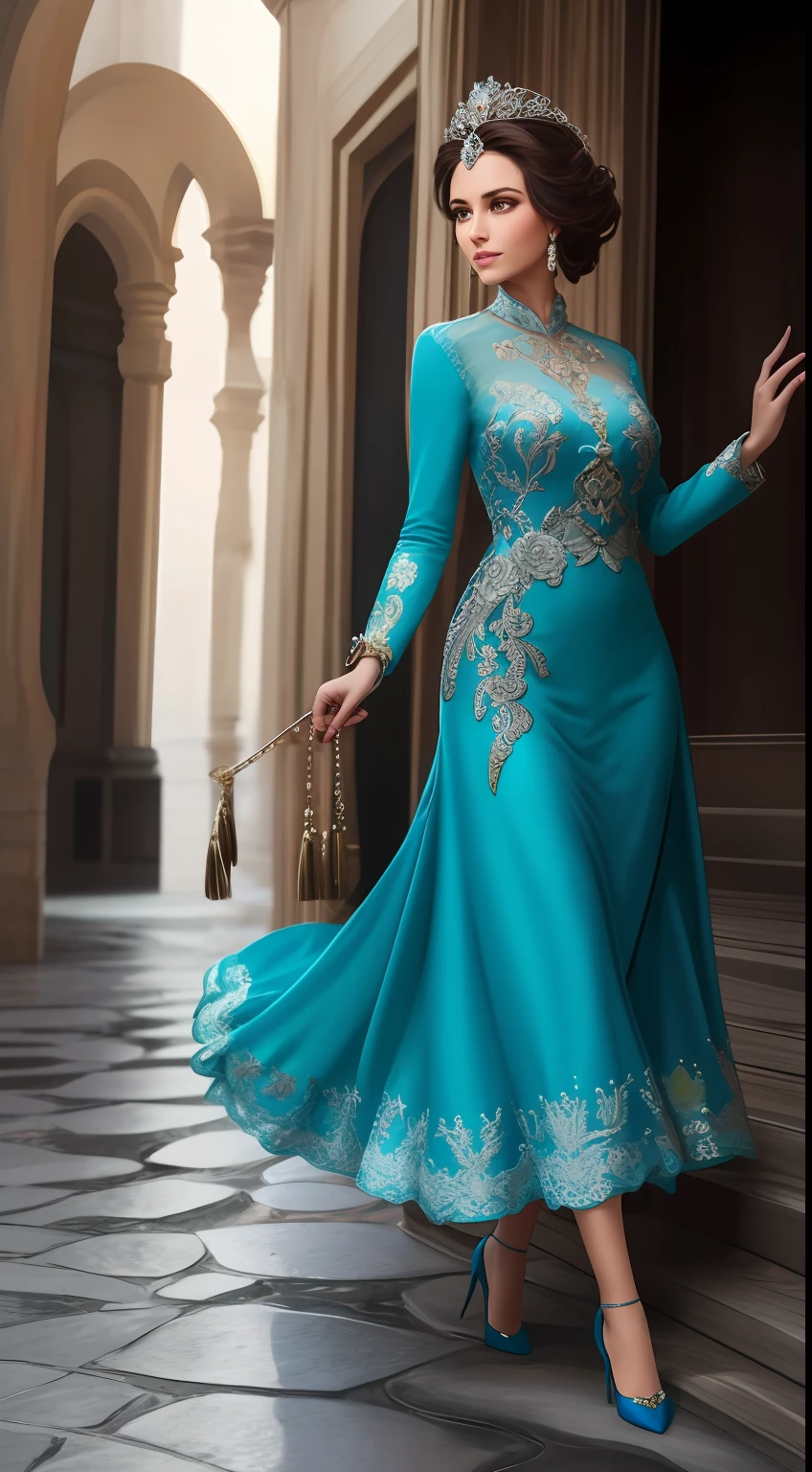 Jestrim sported an appearance marked by the elegance and sophistication typical of royalty. Vestida com um vestido formal de tons suaves, adornado com detalhes intricados e tecidos finos, ela exibia a classe e o refinamento esperados de uma princesa. Her hair fell into well-groomed curls, fluindo em cascata sobre seus ombros. Ao lado do vestido, ela usava joias delicadas e requintadas, displaying his position of nobility.
