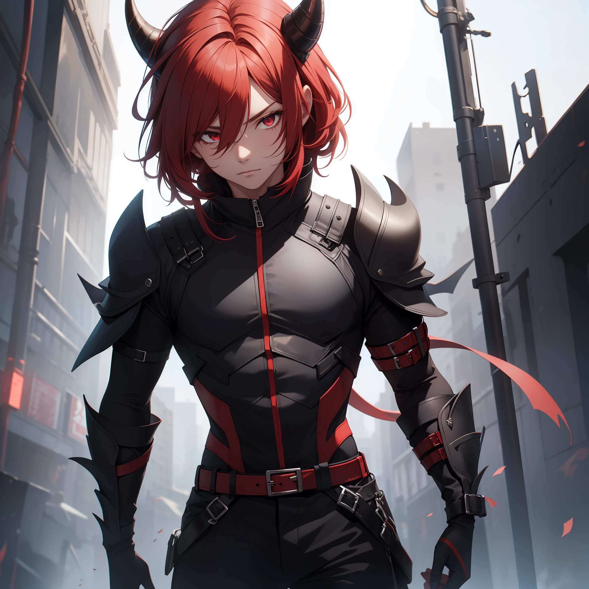 solo male, red hair, red eyes, slit pupils, black armor, black pants, black finger-less gloves, sleeveless, horn, demon