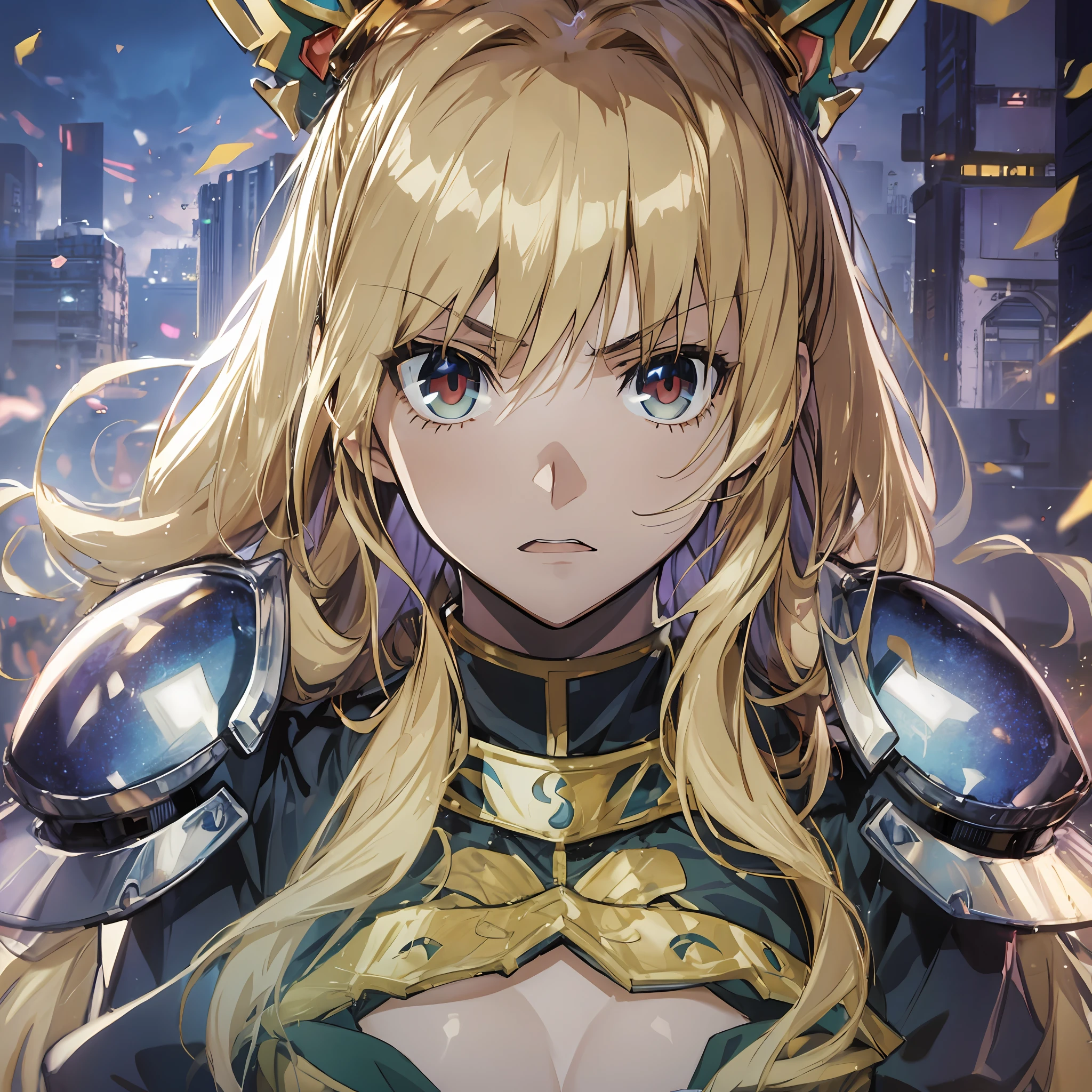 ((maximum quality、8K、))1 female、Anime girl with blonde hair and red eyes、Anime girl named Lucy、Portrait of a female anime hero、female anime character、portrait knights of zodiac girl、Altria Pendragon、Hajime Yatate、Symphogear、Giorno Giovanna、Cornelia from Code Geass、War Maiden Suvia、Luxurious armor、Abs beauty battle field In battle Angry face