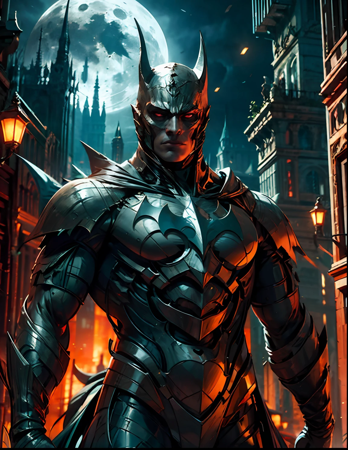 Batman from the dark knight stands imposing in a gothic lost city. Moonlight highlights your muscles and scars. The scenery is lush and mysterious, with futuristic tech and surroundings. The camera details everything, a warrior woman, in front of him.
