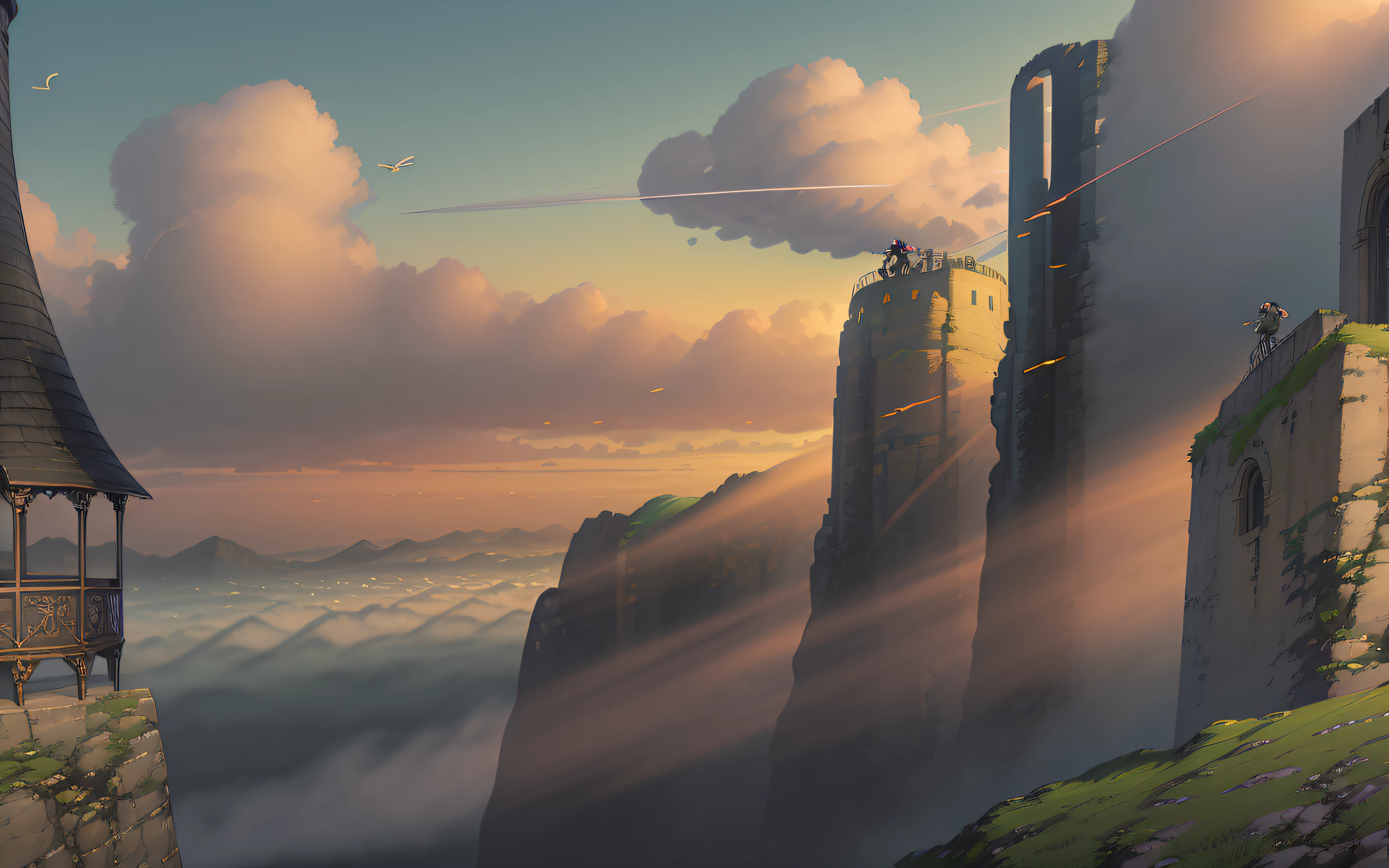 The black paraglider is opened very large, and the well-dressed teenagers are soaring above the sky, overlooking the ancient town, fantasy style, guweiz, makoto shinkai style artwork. Octane rendering, children's art in artstation, high quality anime movie stills
