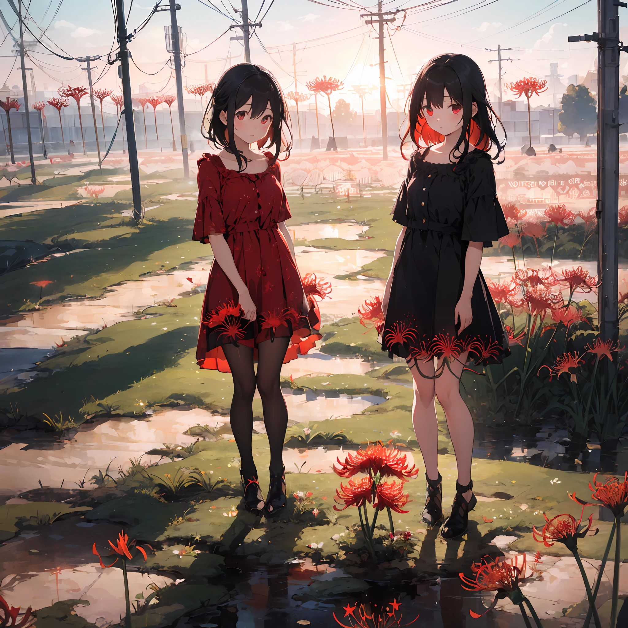 Masterpiece, the best quality, girl, contrast, phenomenal aesthetics, pale skin, delicate light dress, stylish dress, light material, (((goes to the field of red spider lilies))), disturbing atmosphere, windy, (black hair), (((full body))),