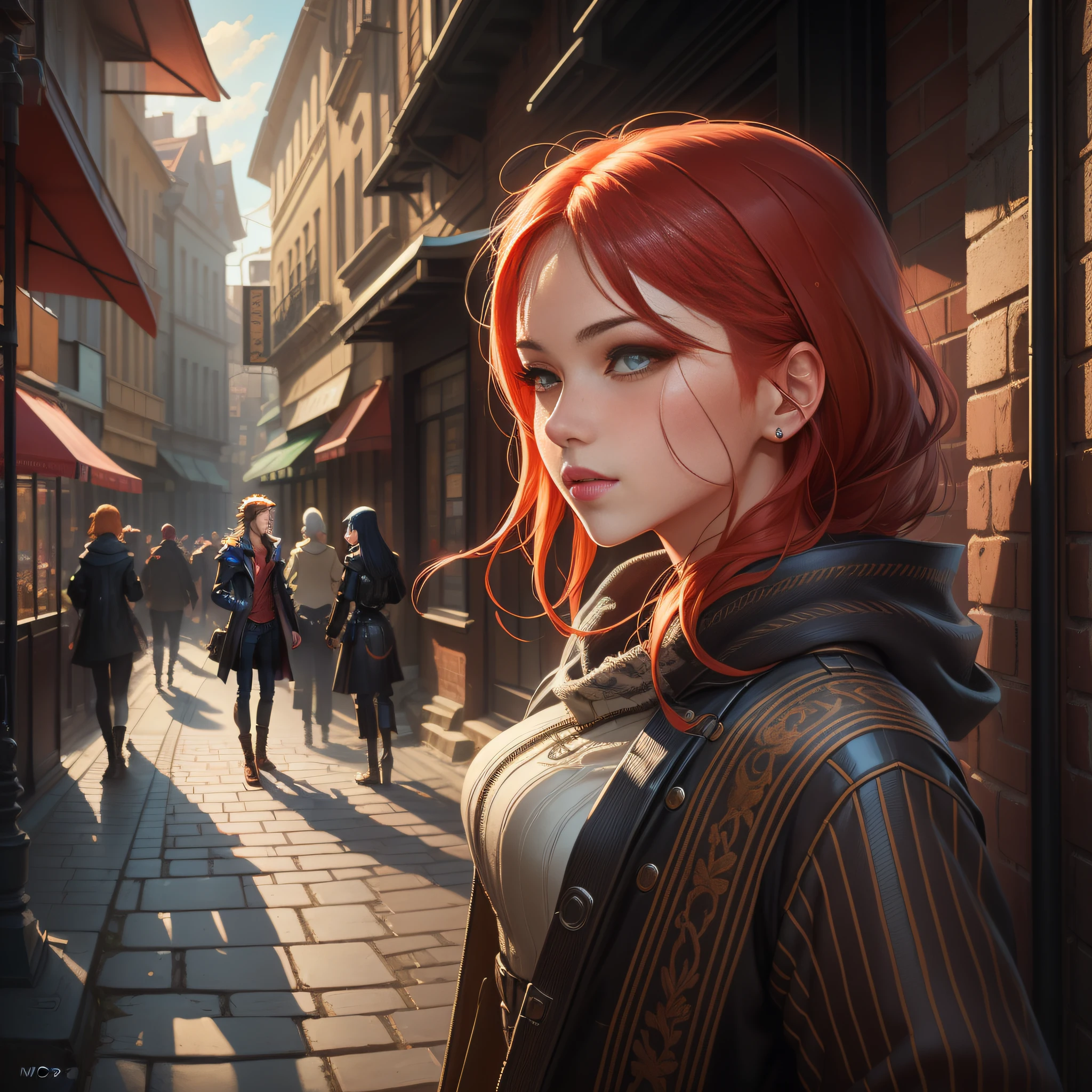 Two red-haired women in latex in a street scene with people passing by, beautiful digital artwork, beautiful digital illustration, stunning digital illustration, 2. 5 d CGI Anime Fantasy Artwork, Belle peinture de personnage, stylized urban fantasy artwork, photorrealistic concept art, Stunning character art, Moebius + loish + WLOP, artwork in the style of guweiz