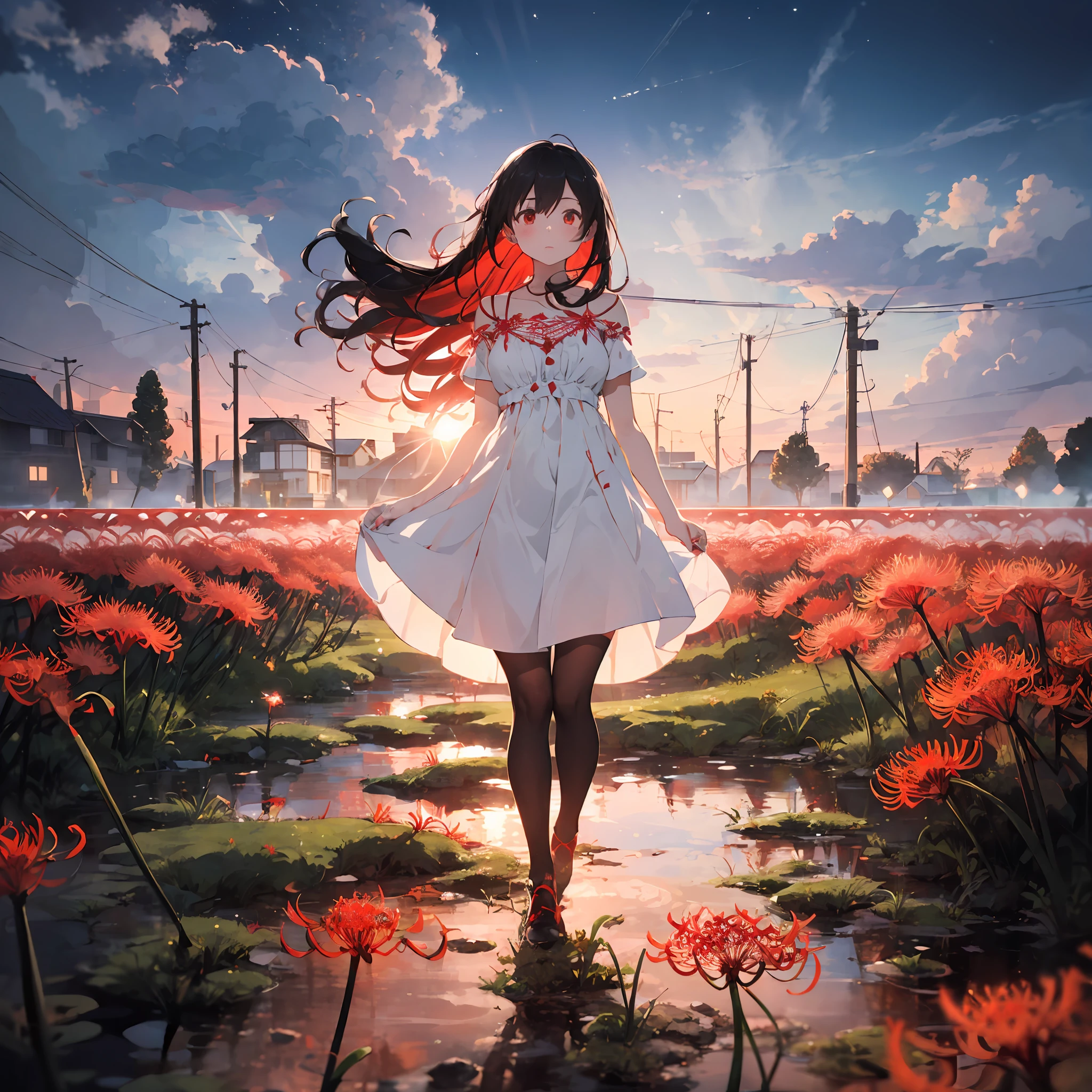 Masterpiece, the best quality, girl, contrast, phenomenal aesthetics, pale skin, delicate light dress, stylish dress, light material, (((goes to the field of red spider lilies))), disturbing atmosphere, windy, (black hair), (((full body))),