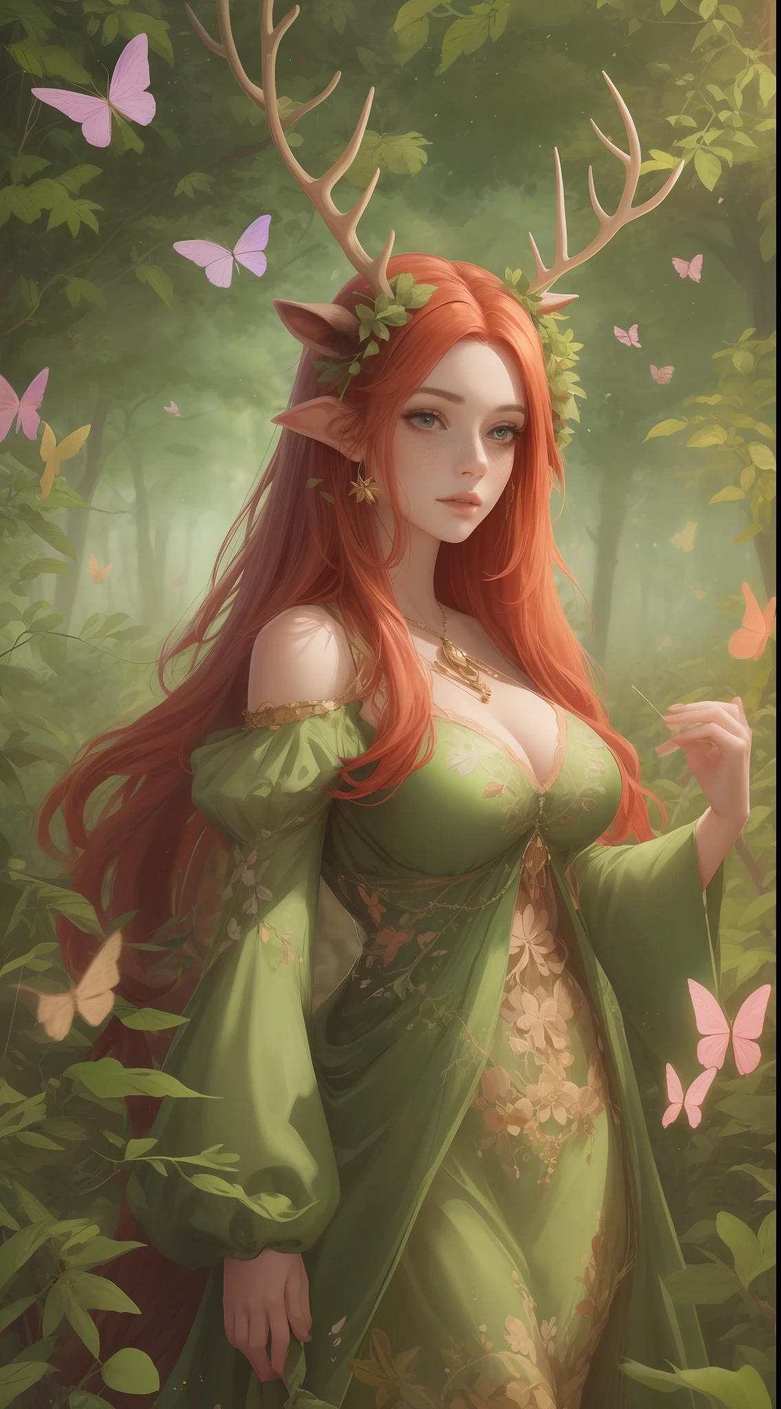 one mature adult woman with Antlers and Bright Red hair wearing a green fantasy outfit made of leaves and flowers with butterflies all around her. She has Deer ears. Fawn ears. Butteflies in her hair. she has lots of freckles. woodland setting surrounded by butteflies