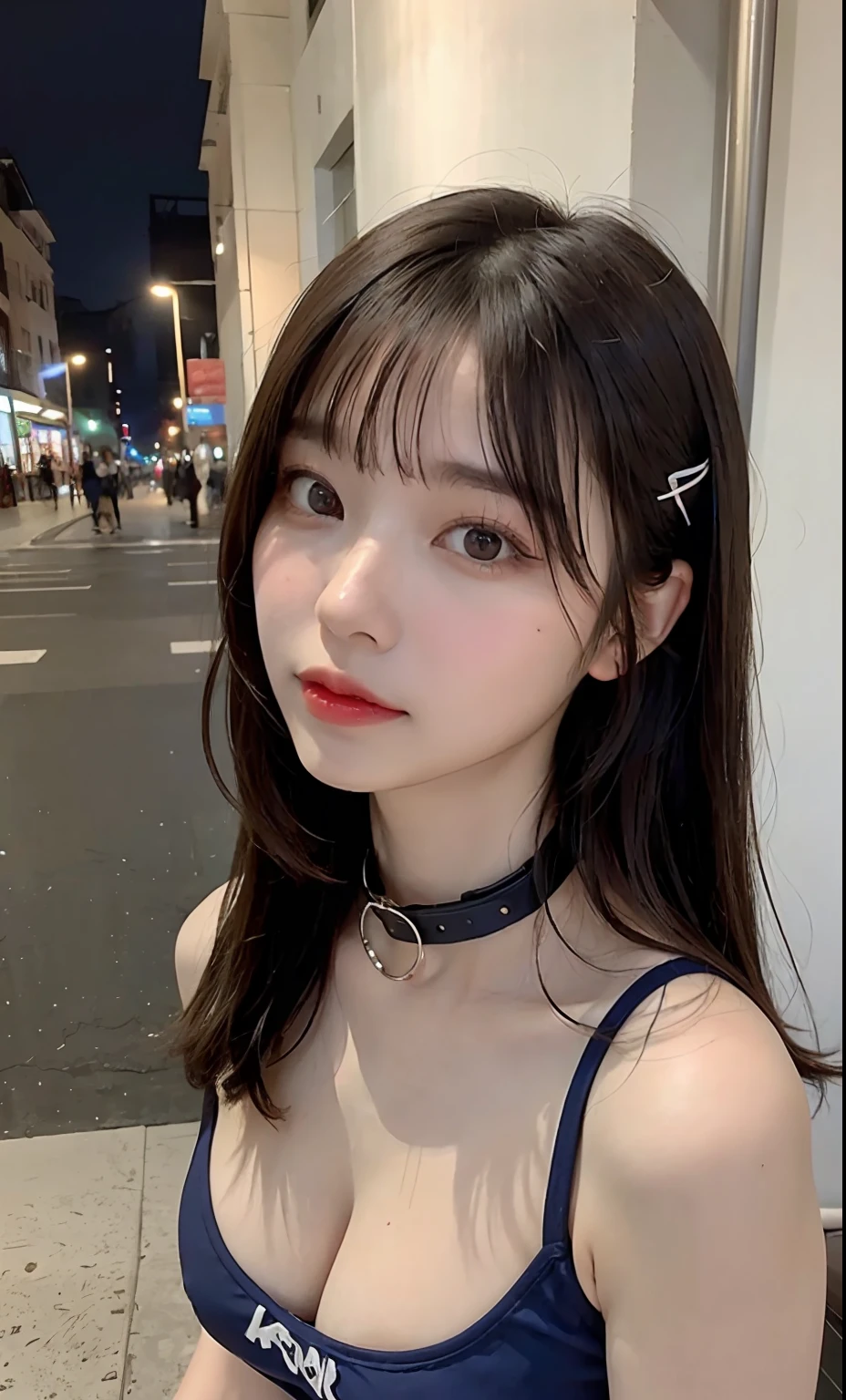Korean woman in school swimsuit, brown hair, (small breasts:0.75), huge areola ,(((areola slip))),((puffy areolae)),((sideboob)),(((collar))), cleavage mole, belly, Korean girl, beautiful south Korean woman, gorgeous young Korean woman, beautiful young Korean woman, asian girl with long hair, young adorable Korean face, portrait of female Korean idol, Korean woman, messy hairstyle, popular Korean makeup, popular south Korean makeup, cityscape, night, (8k, RAW photo, best quality, masterpiece: 1.45), (nsfw:1.25), ulzzang, ulzzang-6500-v1.1, pureerosface_v1,