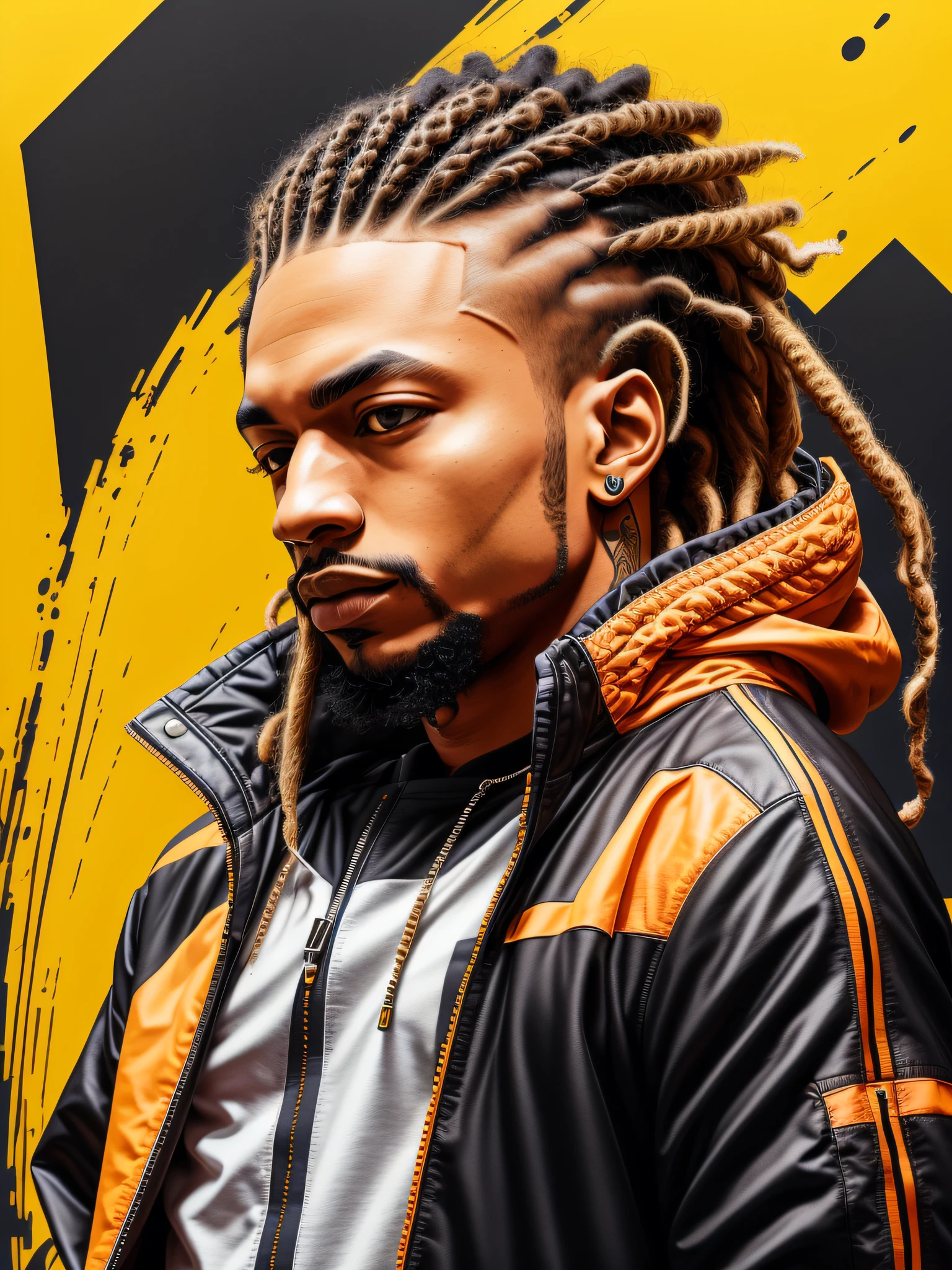 1 rapper with dreads hair, orange techwear jacket, minimalist abstract background