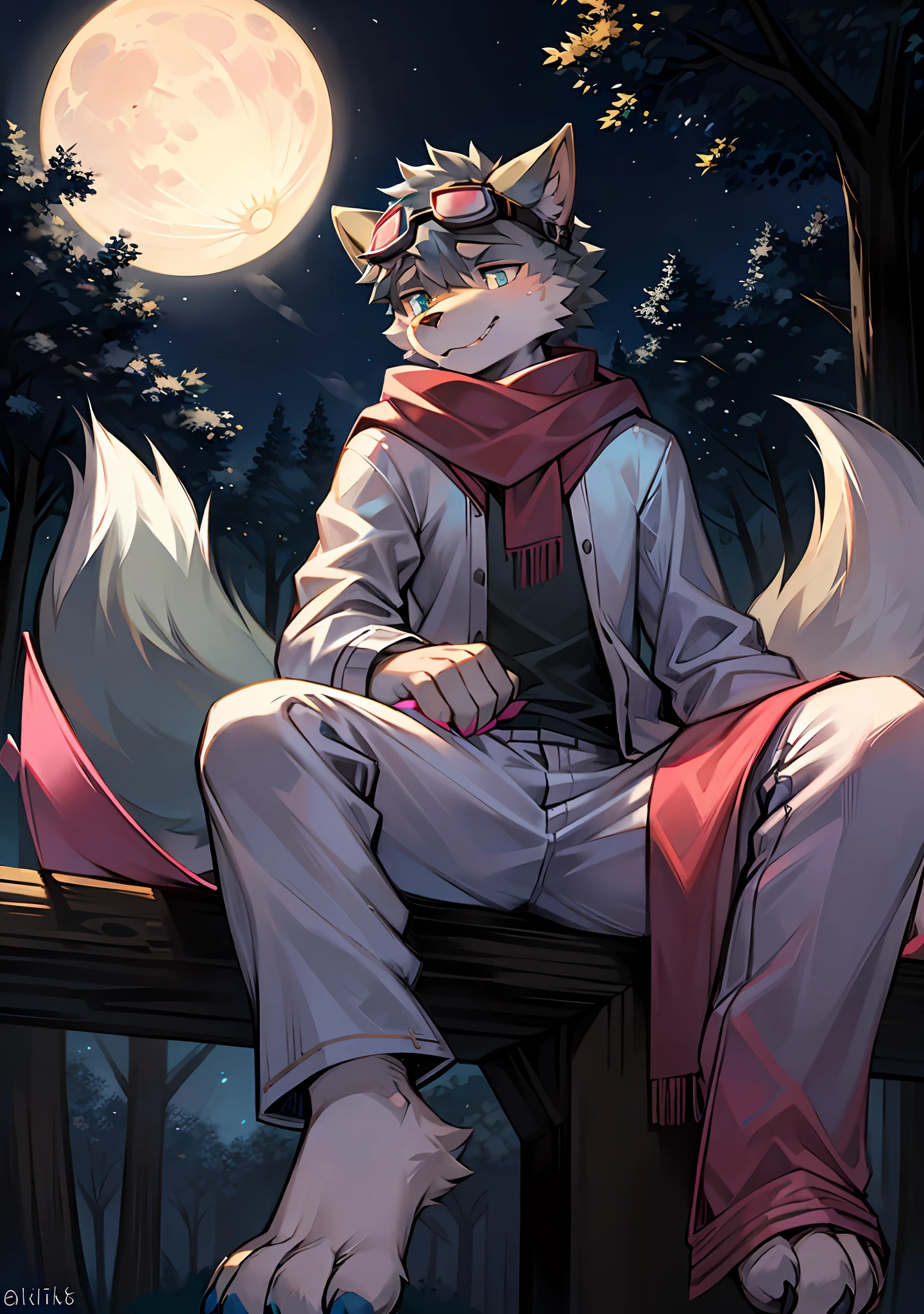 shaggy,Gray fur,Gray ears,White paws,Wear a gray scarf and goggles,Pink meat pad,Blue hourglass pattern,Male gray wolf orcs,lovable,sitting under a tree,Moon,outskirts,Wearing off-white pajamas,Only one person,Gray pupils,Juvenile,Height 165cm,Holding a magic bow in his hand,furries wearing tails,