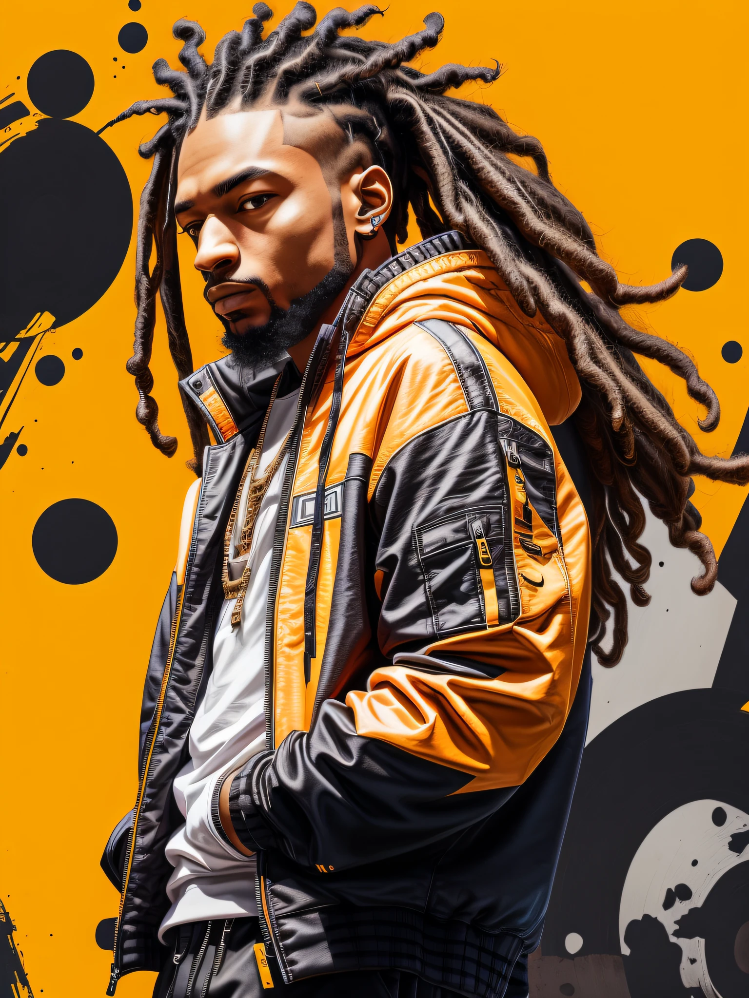 1 rapper with dreads hair, orange techwear jacket, minimalist abstract background