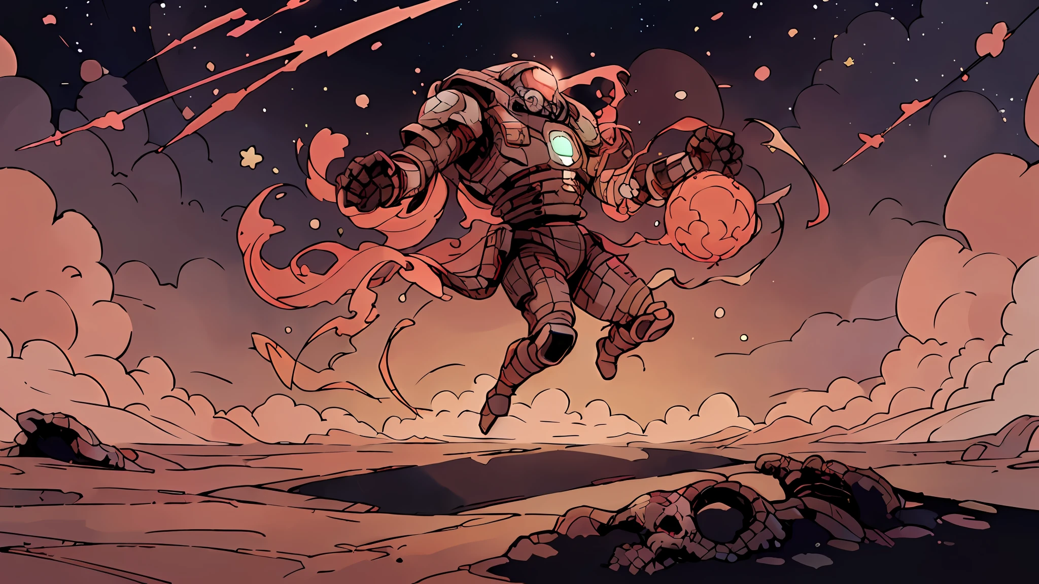 ((solo, 1boy, space mercenary)), damaged armor, (dry planet, red sand, ash, orange sky, thin clouds), (skeletons, burnt corpses), Deep Sky Derelicts