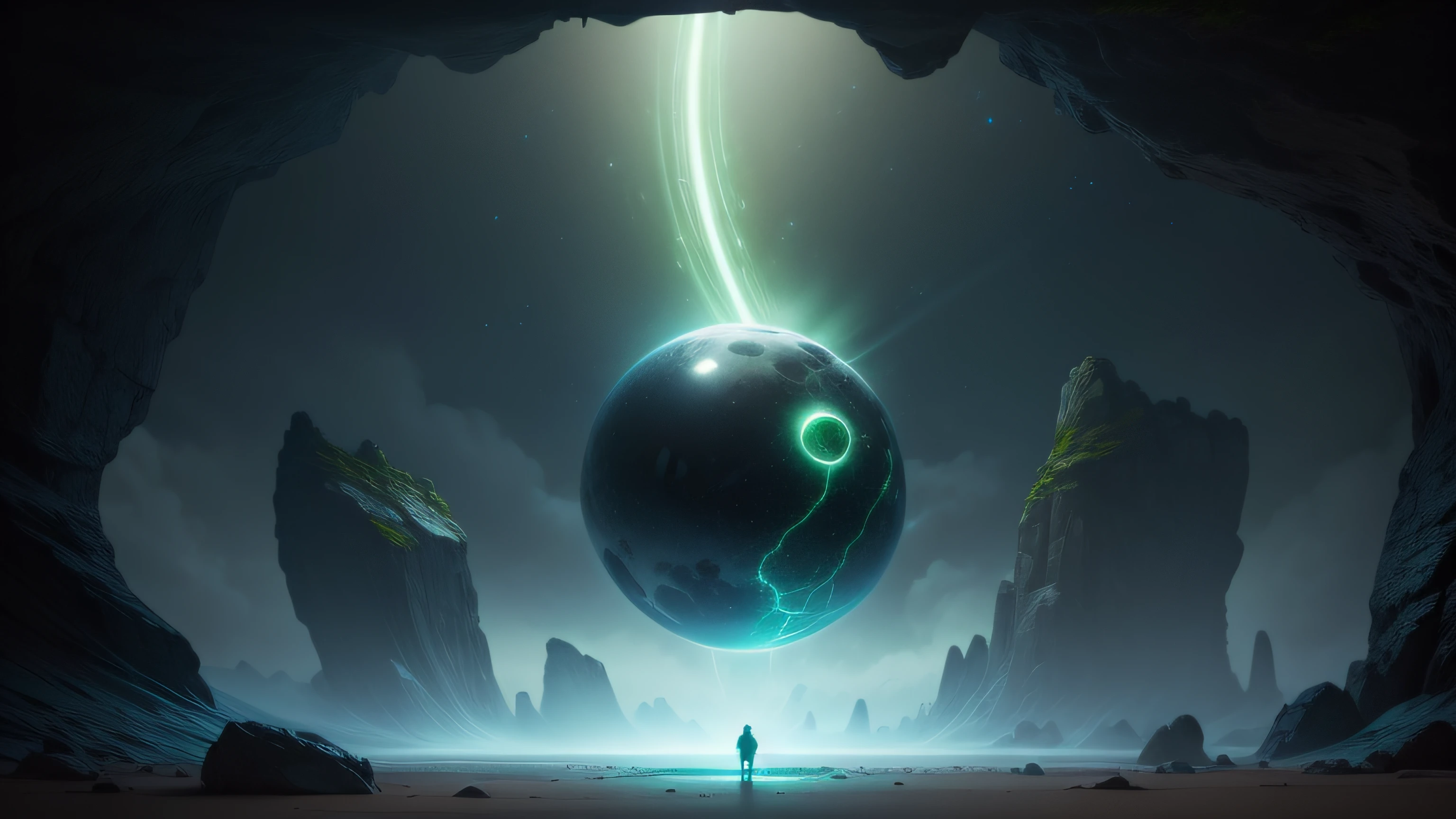 Improve image quality in a panoramic view of the same environment. In front of your hands, There is a floating hologram of a book that emanates a soft green light, with codes and symbols bouncing off it. The image should evoke curiosity and mystery in a positive way, com elementos que transmitam energia positiva. It's an extremely detailed and realistic scene, with an epic look of a futuristic film. The setting is a futuristic cave with blue-green crystals, onde cabos de energia se espalham entre os cristais. A soft blue and green lighting highlights the details, Creating a mystical atmosphere. Hologramas de chaves verdes, Floating codes and green light particles complement the scene. The image features high definition, detalhes de alta qualidade, Realismo, 4K resolution, 8k symmetry and uses advanced rendering techniques to create a masterpiece, melhor qualidade, (muito detalhado CG unidade 8k papel de parede) (melhor qualidade), (best illustration), (melhores sombras) --auto