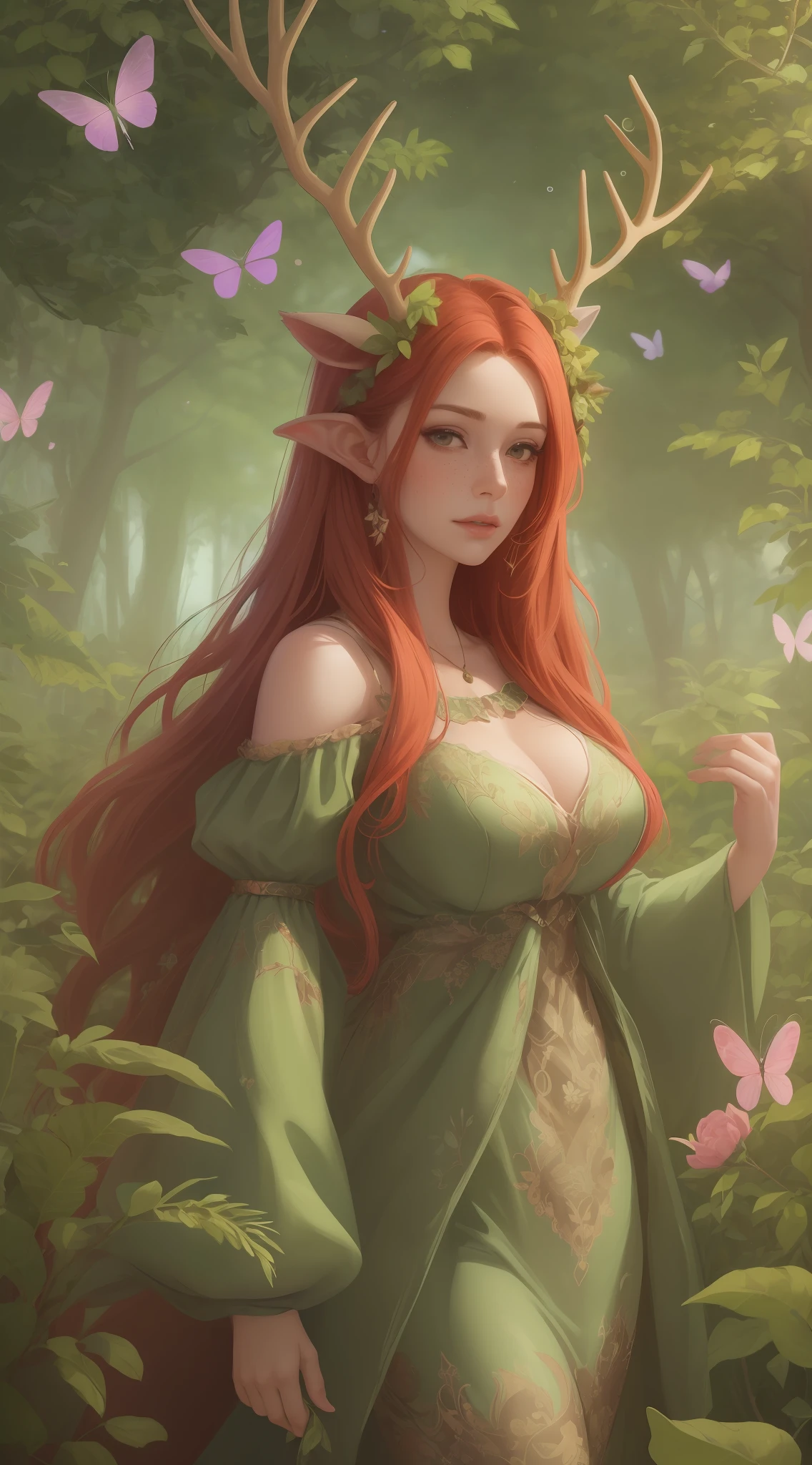 one mature adult woman with Antlers and Bright Red hair wearing a green fantasy outfit made of leaves and flowers with butterflies all around her. She has Deer ears. Fawn ears. Butteflies in her hair. she has lots of freckles. woodland setting surrounded by butteflies