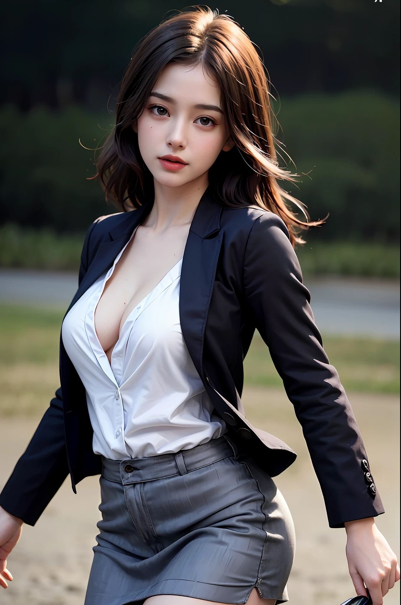 best quality, masterpiece, 1girl, Beautiful face, (photo realistic:1.3), rim lighting, (high detailed skin:1.2), 8k uhd, dslr, high quality, high resolution, 4k, 8k, Bokeh, absurdres, best ratio four finger and one thumb, (realistic:1.3), cute 1girl, wearing black formal blazer, medium breasts, short skirt,