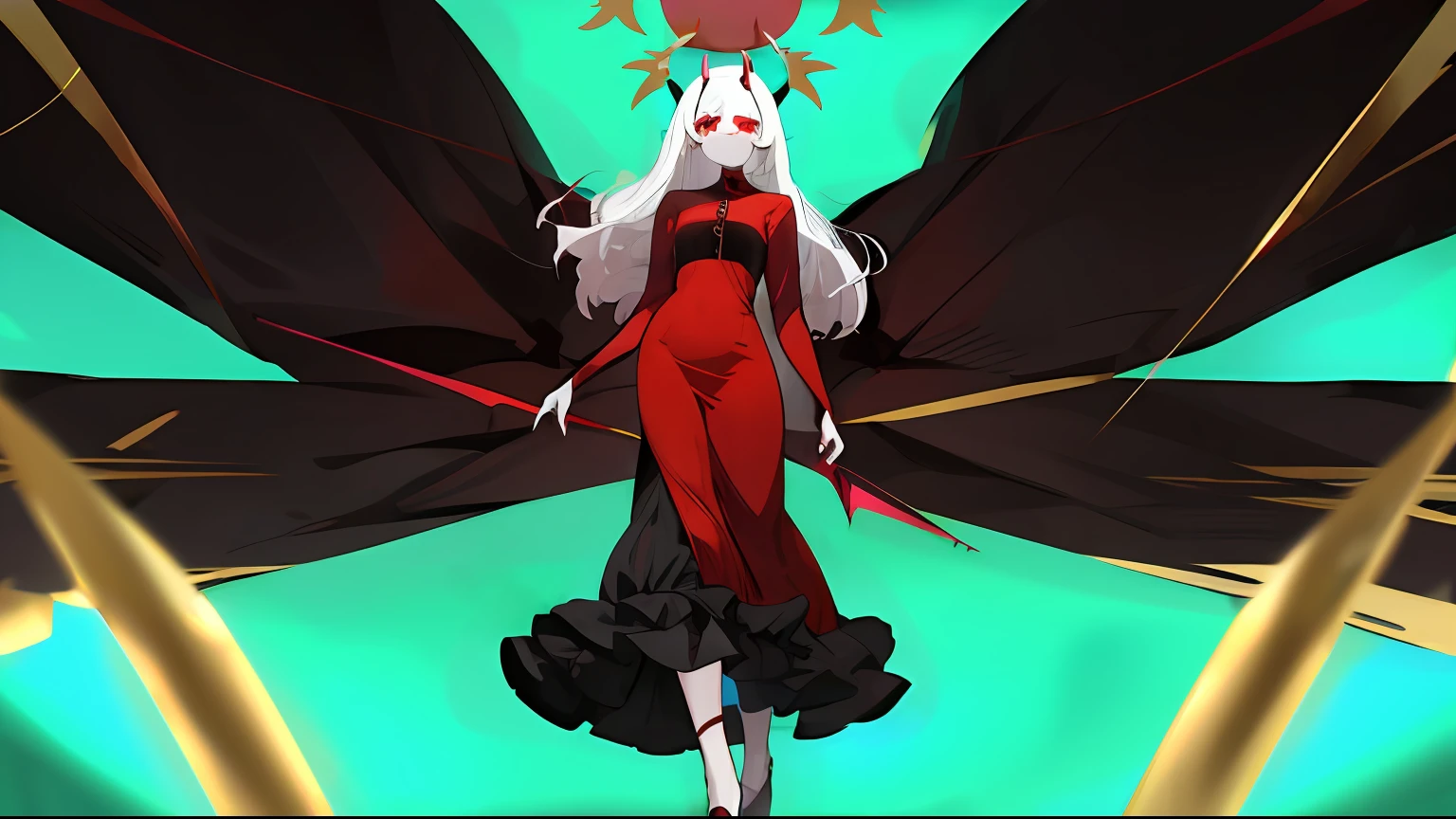 demon woman, without horns, pale, white hair, black and red eyes, six redish black wigs, beautiful, with a dark red dress, detailed
