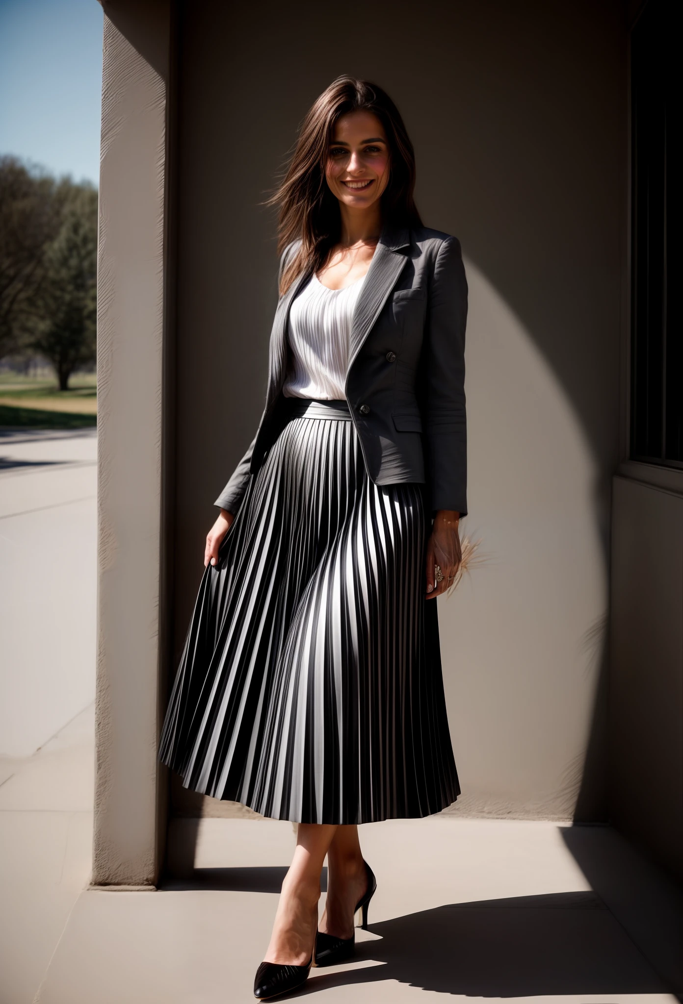 authentic (very shy smiling) good woman wearing a short blazer with a very very detailed (long (fully pleated) full circle skirt) and (simple) low heeled office shoes, very very intricate hyper-detailed symmetric (attractive graceful young feminine face) with (sad, tired eyes and shy smile:1,8), full of empathy and compassion and love, (pronounced (feminine) features), (highly detailed ultra accurate realistic) hands and fingers, (windy conditions and wind blowing), epic composition, highly detailed attributes, highly detailed atmosphere, (35mm f1.4 Kodak portra 400 photograph), extremely high quality RAW photograph, intricate, Exquisite details and textures,