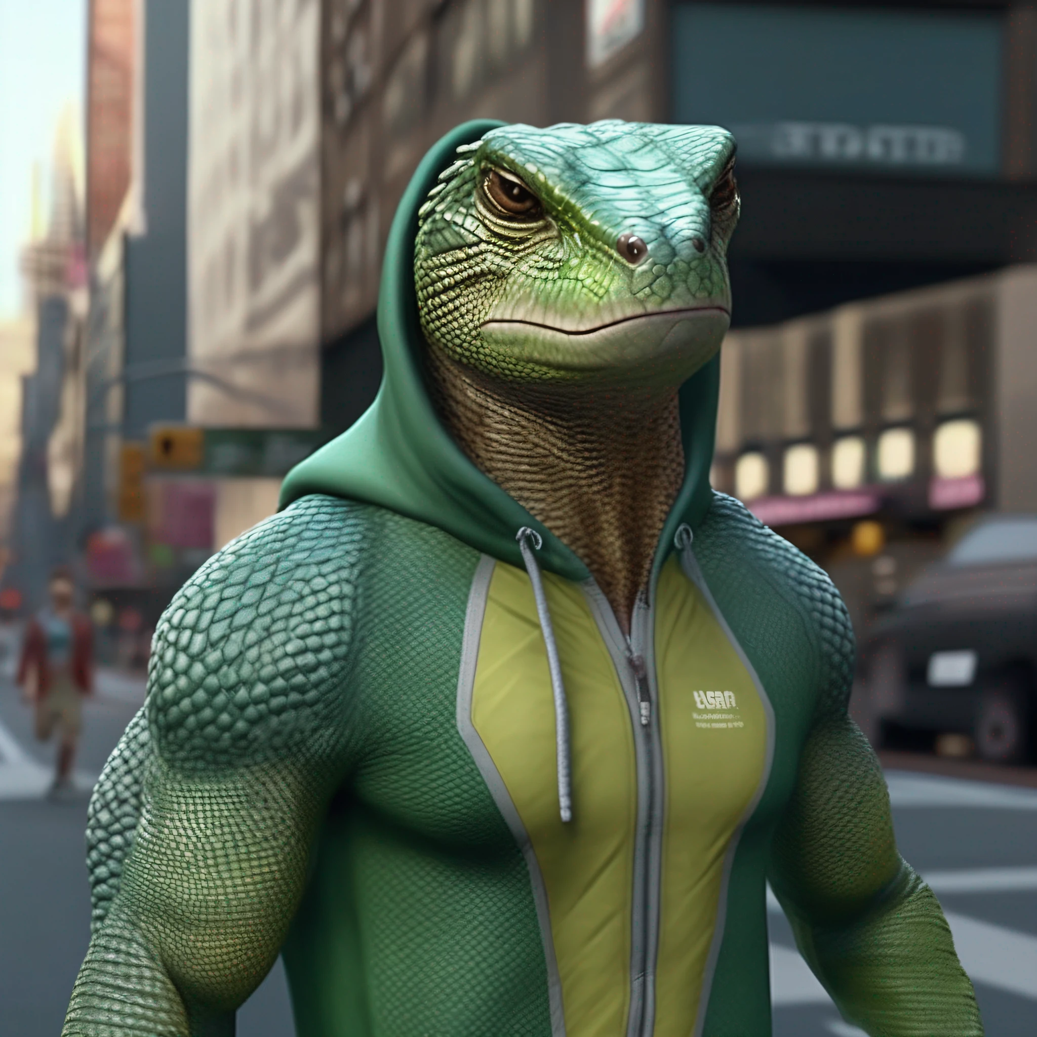 uma criatura reptiliana com roupa esportiva caminhando entre pessoas em uma avenida de Nova York super realista, 8k 3D