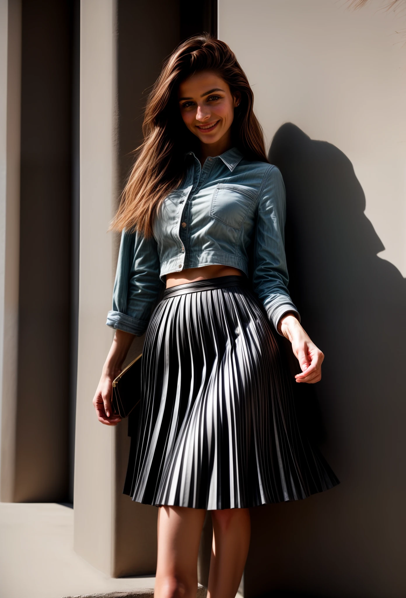 authentic (very shy smiling) good woman wearing a short blazer with a very very detailed (long (fully pleated) full circle skirt) and (simple) low heeled office shoes, very very intricate hyper-detailed symmetric (attractive graceful young feminine face) with (sad, tired eyes and shy smile:1,8), full of empathy and compassion and love, (pronounced (feminine) features), (highly detailed ultra accurate realistic) hands and fingers, (windy conditions and wind blowing), epic composition, highly detailed attributes, highly detailed atmosphere, (35mm f1.4 Kodak portra 400 photograph), extremely high quality RAW photograph, intricate, Exquisite details and textures,