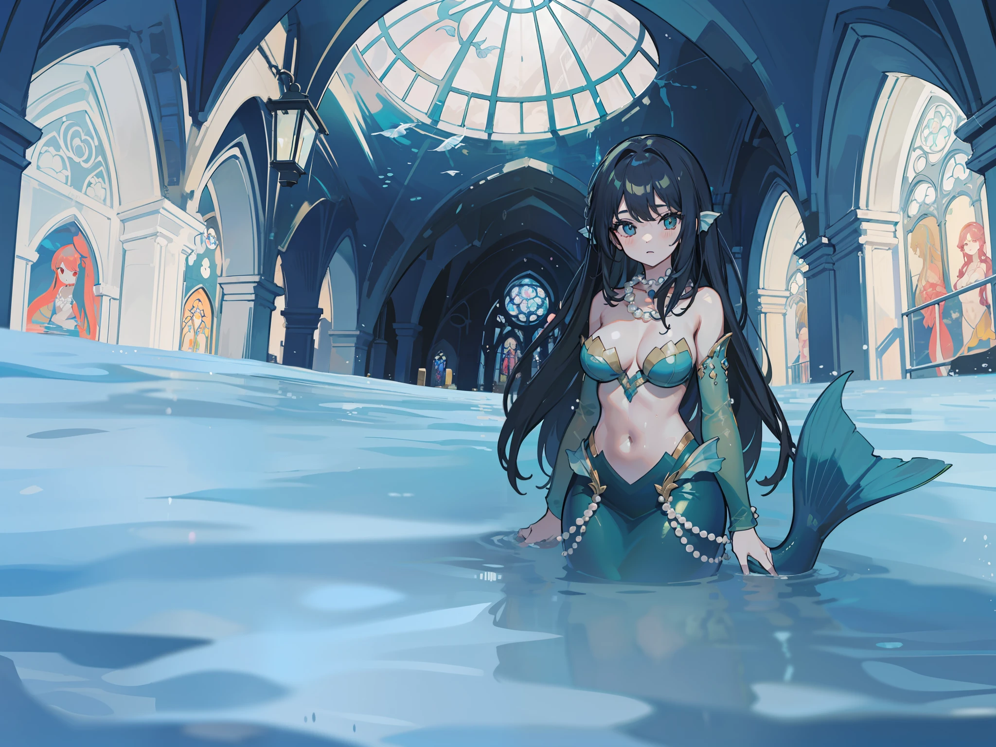 1girl, mermaid, wearing pearl necklace, ancient stone chamber with ocean murals, flooded with water. cathedral windows. (Masterpiece: 1.2) (Best quality: 1.3)