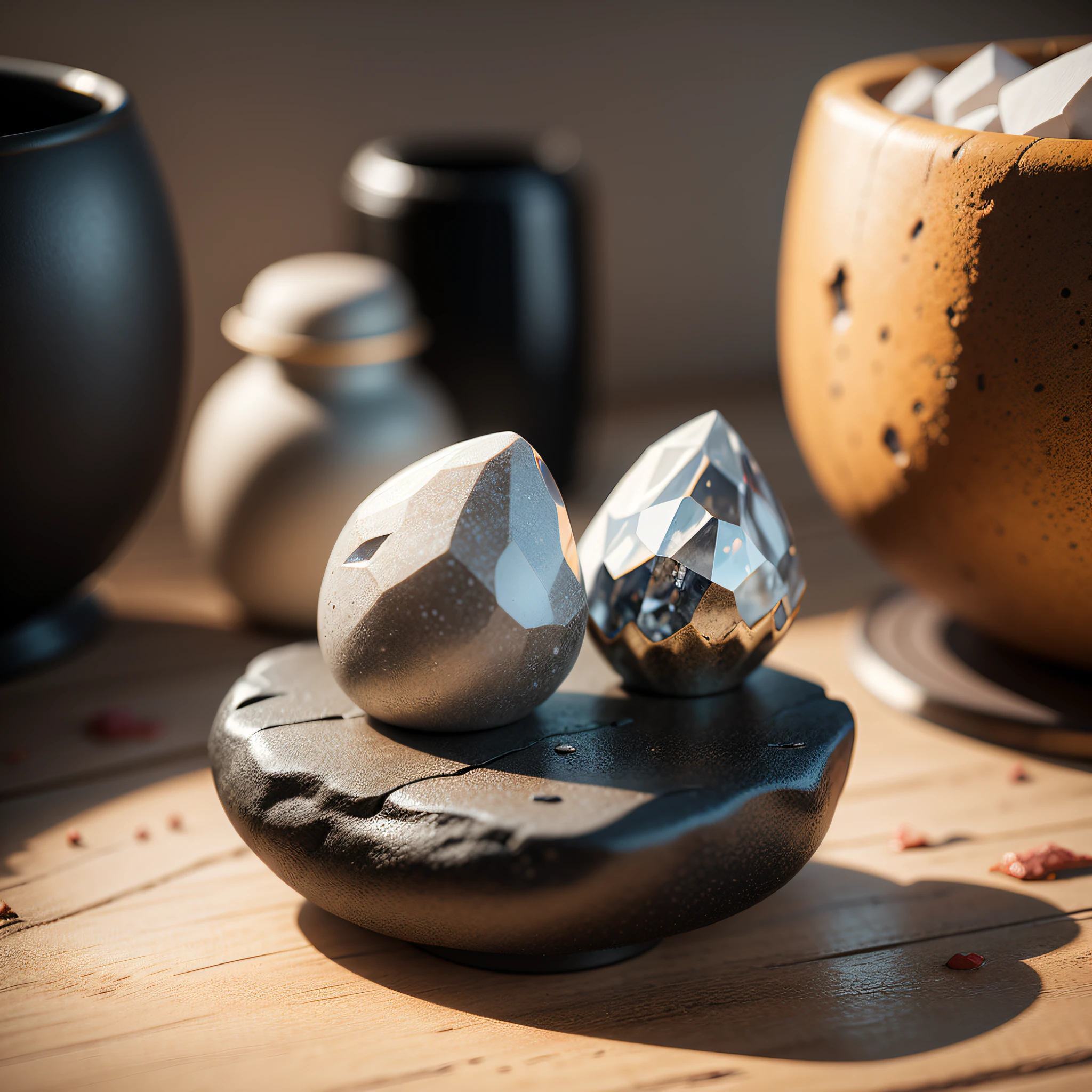 there are three rocks sitting next to each other on a table, mesa de pedra, Modelos 3D, Modelos 3D, Levitating objetos, Planalto Rochoso, Estranhas pedras levitadas, 3d argila render, 3 d render argila, base de pedra rusticada, 3 d product render, digital render, product render, cycles render, pedras grandes, high quality topical render, caneca de porcelana em um pedestal