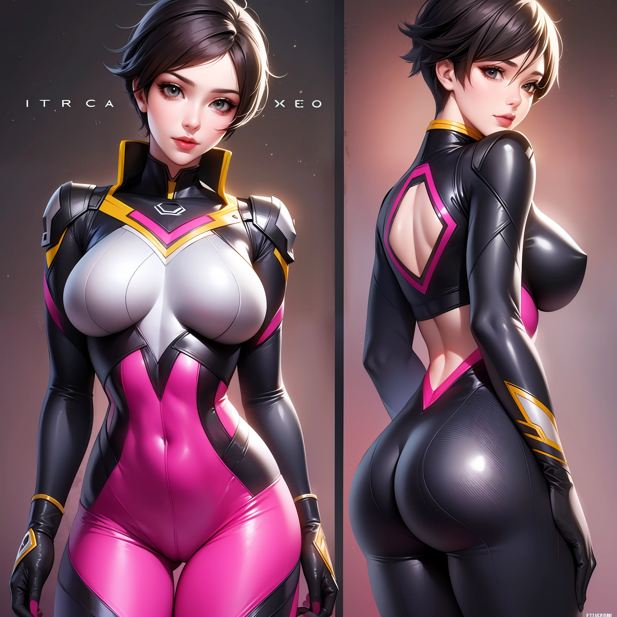 Woman in pink and black costume、Cute Exyrobutts、high quality colored sketch、Ultra-detailed color art、tracer in a skintight dress、full colored、artgerm、highly detailed exquisite fanart、Highly detailed and colored full-color illustrations、Spandex Suit