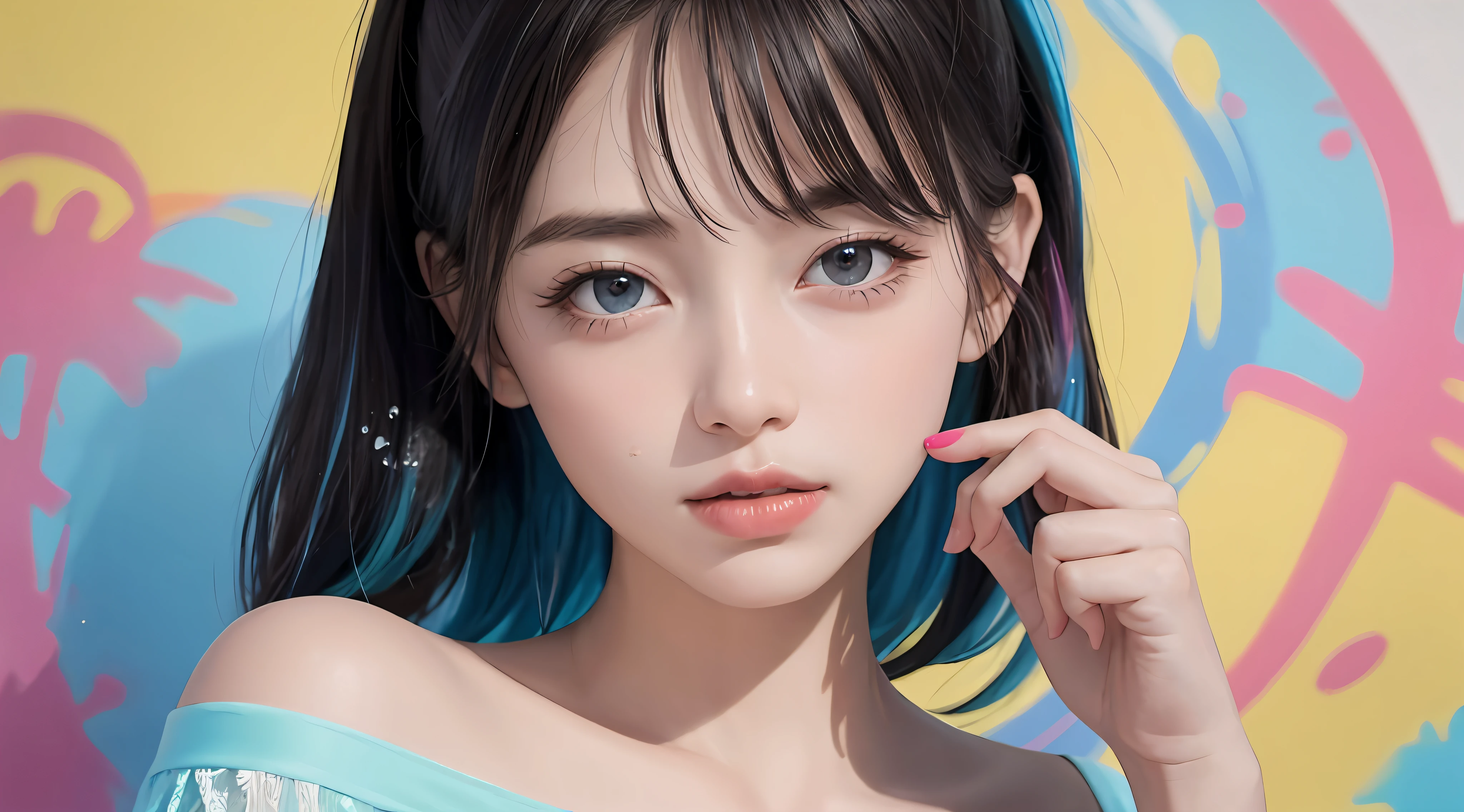(Pink fashion T-shirt:1.9),(Colorful hair:1.8),(Rainbow all colors:1.8),((((Vertical painting:1.6))),(painterly:1.6),front facing,manga,illustration,painterly,huge eyes,Crystal clear,(Rainbow gradient high ponytail:1.7),Exquisite Makeup,Closed mouth,(Small freshness:1.5),(Bandeau:1.6),Long eyelashes,White shoulder T- shirt, White Shoulder Shirt,looking at viewers,Big watery eyes,(iridescent hair:1.6), Color splash, (solo:1.8), Color splash, color explosion, colour splash, color explosion, Thick lacquer style,Messy lines,((shiny)) ,(Colorful), (Colorful), (Colorful), Colorful, Thick Paint Style, (splashing) (Color splash), Vertical painting, Upper body, Paint Splash, Acrylic Pigment, Gradient, paint, Highest image quality, Highest image quality, Masterpiece, solo, Depth of field, face paint, Colorful clothes, (elegence: 1.2), flowery, long long hair, windy, (elegence: 1.3), (petals: 1.4),(((Masterpiece))),(((the best quality t))),((hyper detailed)),(illustartion),(dynamicangle),((floating)),(paint),((Loose hair)),(solo),(1girls) , (( (Detailed anima face))),((Beautiful detailed face)),collars,naked shoulders,hakuhatsu,((Colored hair)),((streaked hair)),Beautiful detailed eyes,(Gradient eyes),(( (Colored eyes))),(((Colored background))),(((High saturation))),(((Surrounded by colorful splashes))),Medium view,Upper Bust,(((Professional model))),