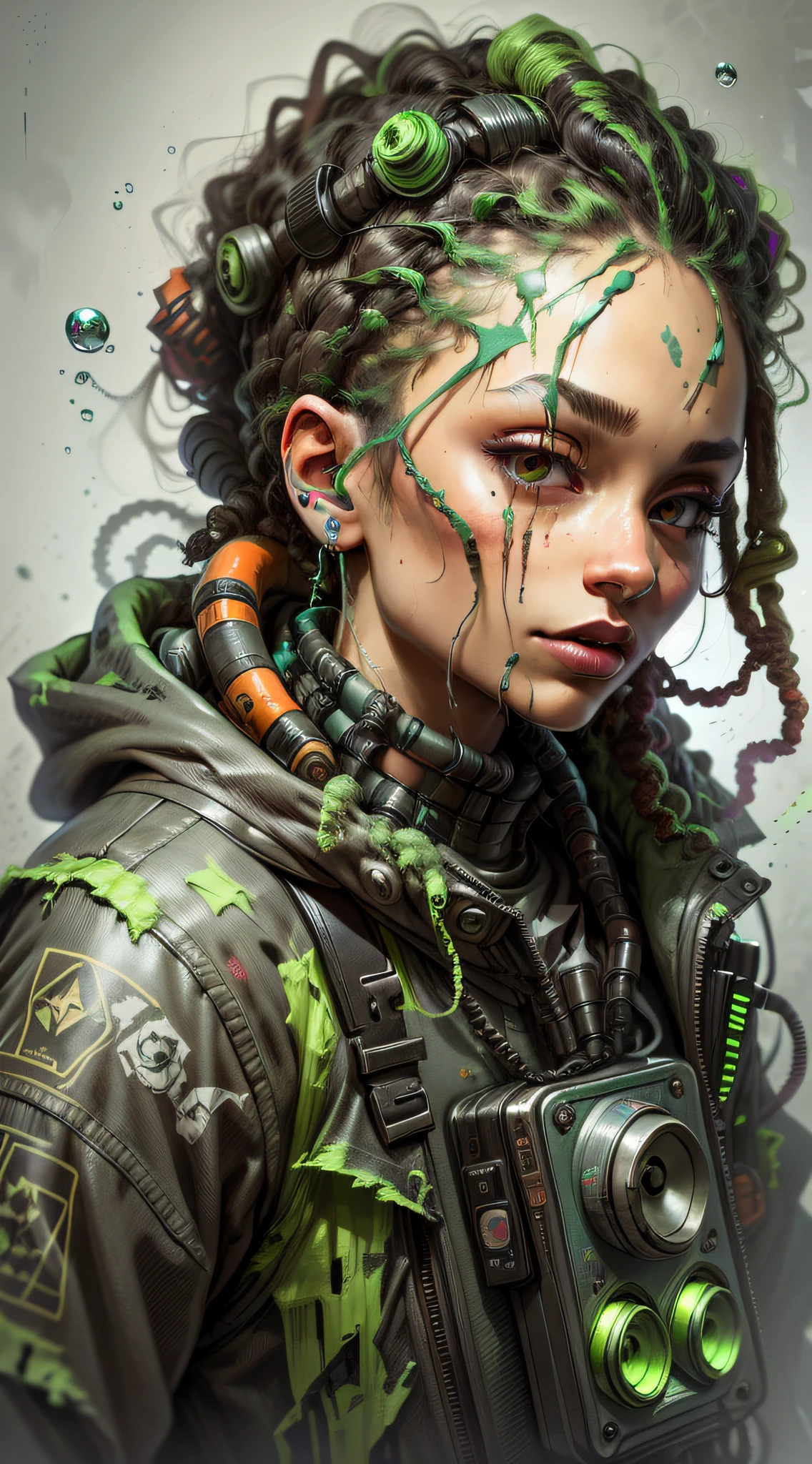1 rapper with dreads hair, ToxicPunkAI techwear jacket, minimalist abstract ToxicPunkAI music mixer and speakers background, bubbles, melt, detailed, intricate
