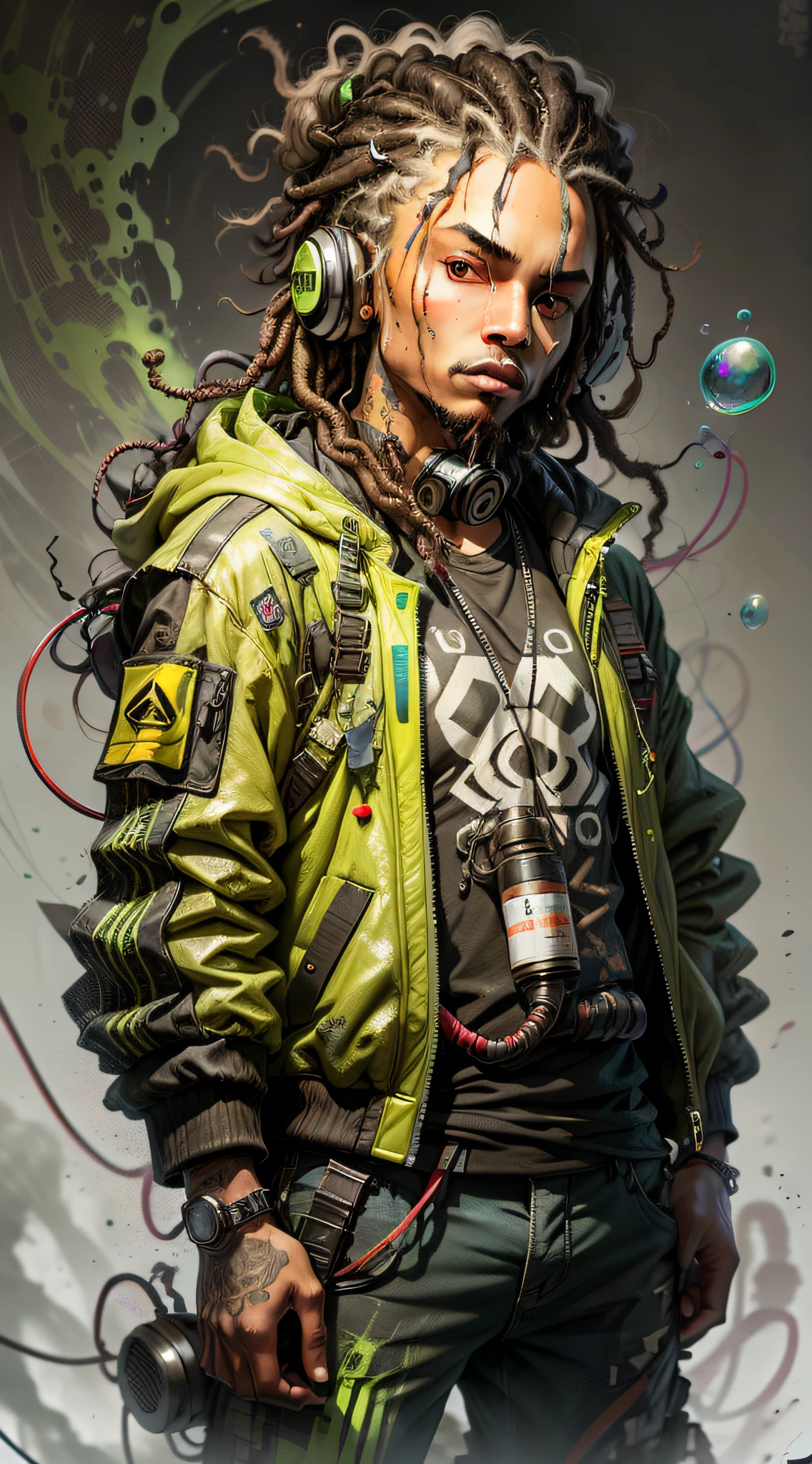 1 rapper with dreads hair, ToxicPunkAI techwear jacket, minimalist abstract ToxicPunkAI music mixer and speakers background, bubbles, melt, detailed, intricate