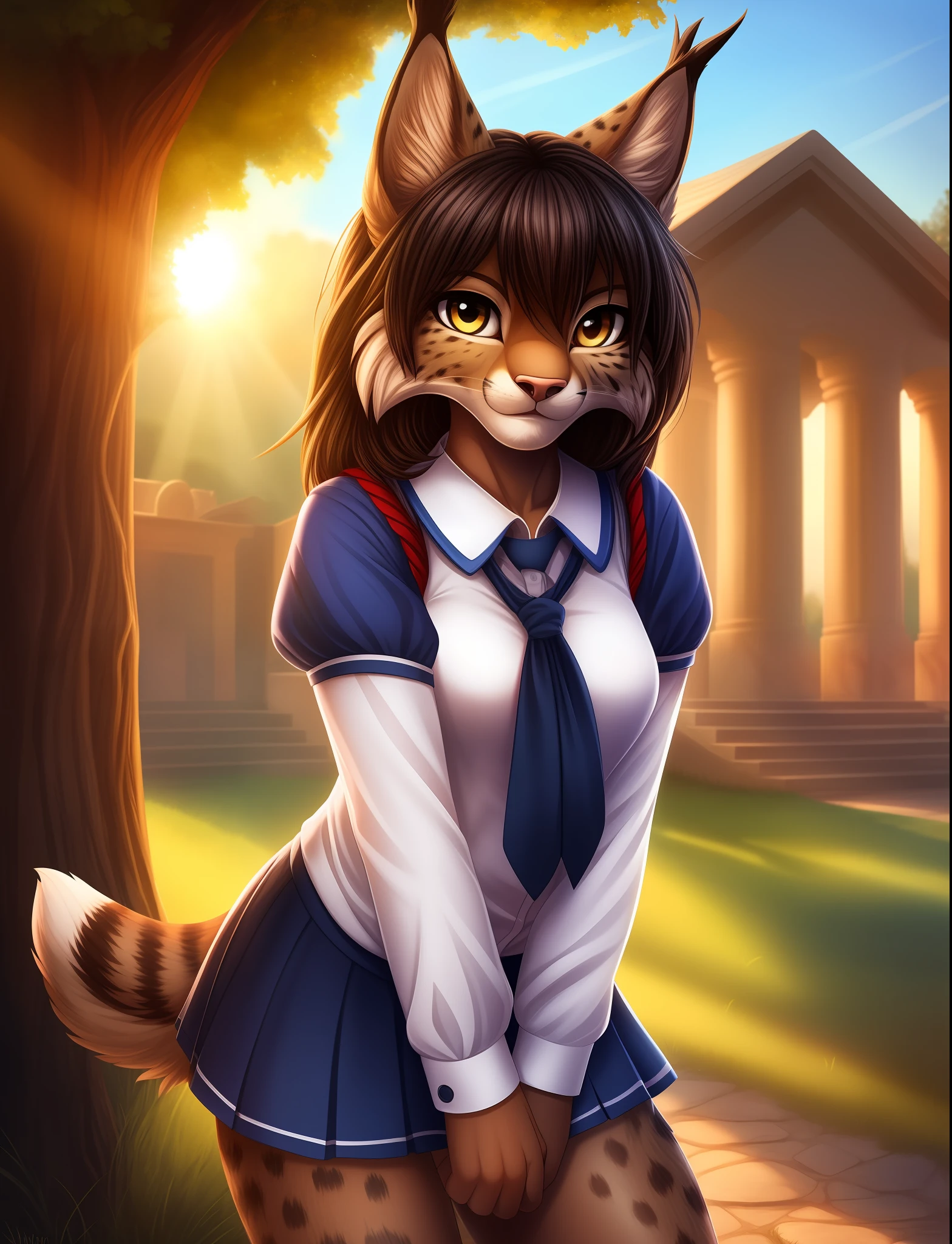 masterpiece, best quality,furry girl,outdoor,hdr,blue sky,sunlight, perfect light,dark skin,animal nose,solo,detail fur,epic movie concept adorable,black school uniform, looking at viewer,sheli,lynx,drama