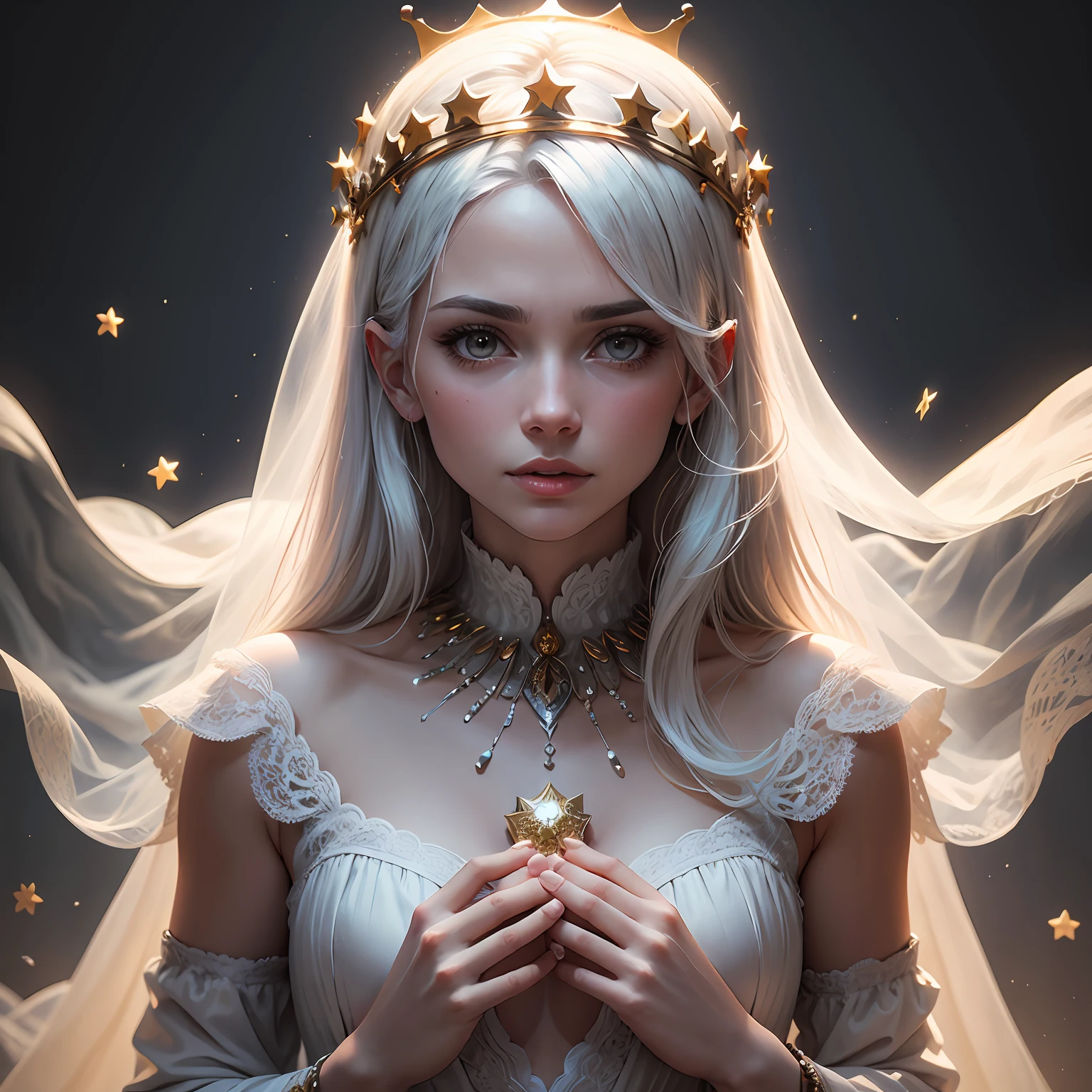 There is a woman with white hair and a white dress (vestida de luz do sol, with a crown of 12 small stars and barefoot), ((with a veil on his head)), render retrato 8k, closeup retrato de personagem, Pintura digital barroca, , cinematic realistic portrait,  of character art flying with small wings on the feet surrounded by small moons,  detalhado de personagem, Alexandra Fomina Artstation, Retrato da CGSsociety, arte detalhada de alta qualidade 8K, arte digital altamente detalhada 4k, pintura digital renascentista --auto