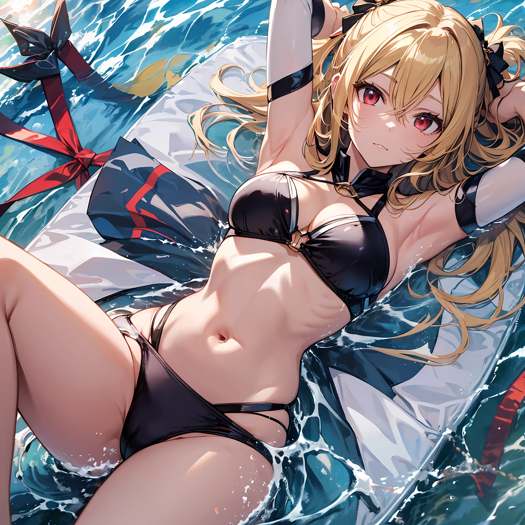((maximum quality、8K、))1 female、Anime girl with blonde hair and red eyes、Anime girl named Lucy、Portrait of a female anime hero、female anime character、portrait knights of zodiac girl、Altria Pendragon、Hajime Yatate、Symphogear、Giorno Giovanna、Cornelia from Code Geass、War Maiden Suvia、summer、beach、Luxurious white swimsuit Beautiful abs Miwaki Beautiful legs