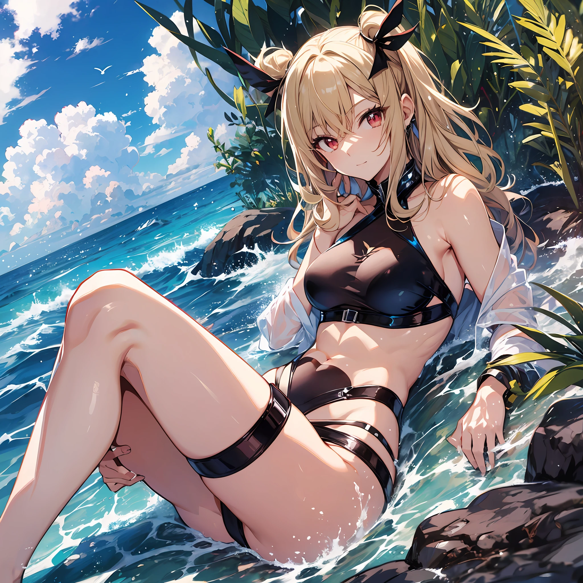 ((maximum quality、8K、))1 female、Anime girl with blonde hair and red eyes、Anime girl named Lucy、Portrait of a female anime hero、female anime character、portrait knights of zodiac girl、Altria Pendragon、Hajime Yatate、Symphogear、Giorno Giovanna、Cornelia from Code Geass、War Maiden Suvia、summer、beach、Luxurious white swimsuit Beautiful abs Miwaki Beautiful legs