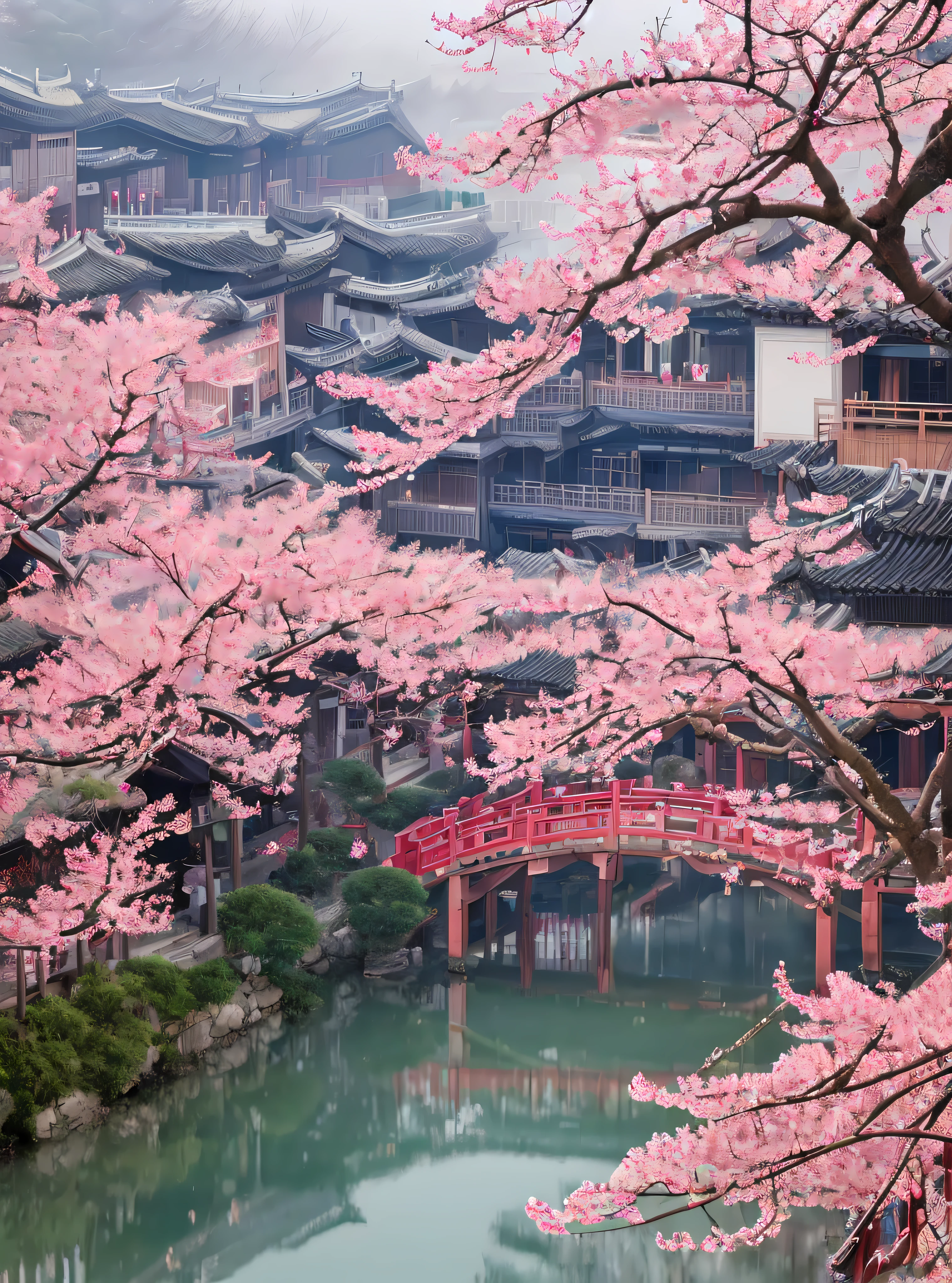 Jiangnan Town, a paradise in the world, features red plum blossoms that highlight the beauty of plum blossoms. Jiangnan Town boasts a backdrop of snowflakes and misty mist, featuring ultra high definition, bright colors, and beautiful scenery with ultra details