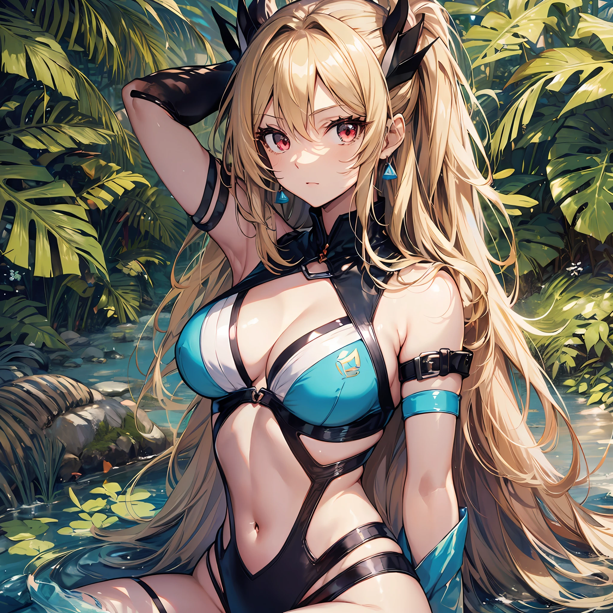 ((maximum quality、in 8K、))1 female、Anime girl with blonde hair and red eyes、Anime girl named Lucy、Portrait of a female anime hero、female anime character、portrait knights of zodiac girl、Altria Pendragon、Hajime Yatate、Symphogear、Giorno Giovanna、Cornelia from Code Geass、War Maiden Suvia、Summer、beach、Luxurious white swimsuit Beautiful abs Miwaki Beautiful legs