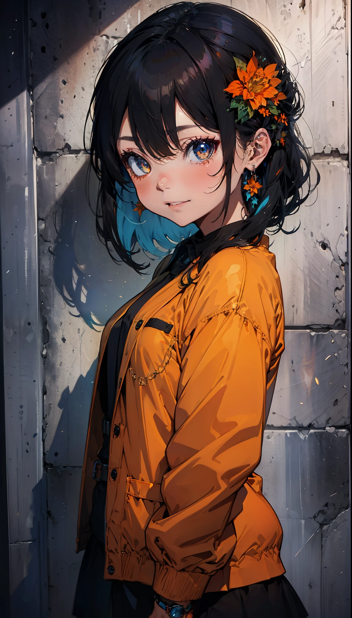 ((Halftone)), (masterpiece), (best quality), (official art, extremely detailed CG unity 8k wallpaper), (highly detailed), ((absurdres)), (best shadow), (detailed background), (delicate eyes, captivating eyes, complex eyes, detailed eyes, perfect eyes), (tsurime eyes), ((Handsome Girl)), ((Upper body)), (light:1.2), (colorful), sharp eyes, long eyelashes,a anime girl asian tomboy character, (aerial shot), (from side), (evil smile), (black hair), (orange hair), (multicolored hair), (medium straight hair, chin length), (orange eyes), (colorful jacket), belt, chain, long sleeves, 1girl, solo, jewelry, medium breasts, breasts, skirt, shirt, looking at viewer, simple background, dark background, black necktie, (right hand behind head), cross earrings, ringed eyes, bracelet, orange flower, jppop art style, japanese style, tsurime,bad-girl, mature female