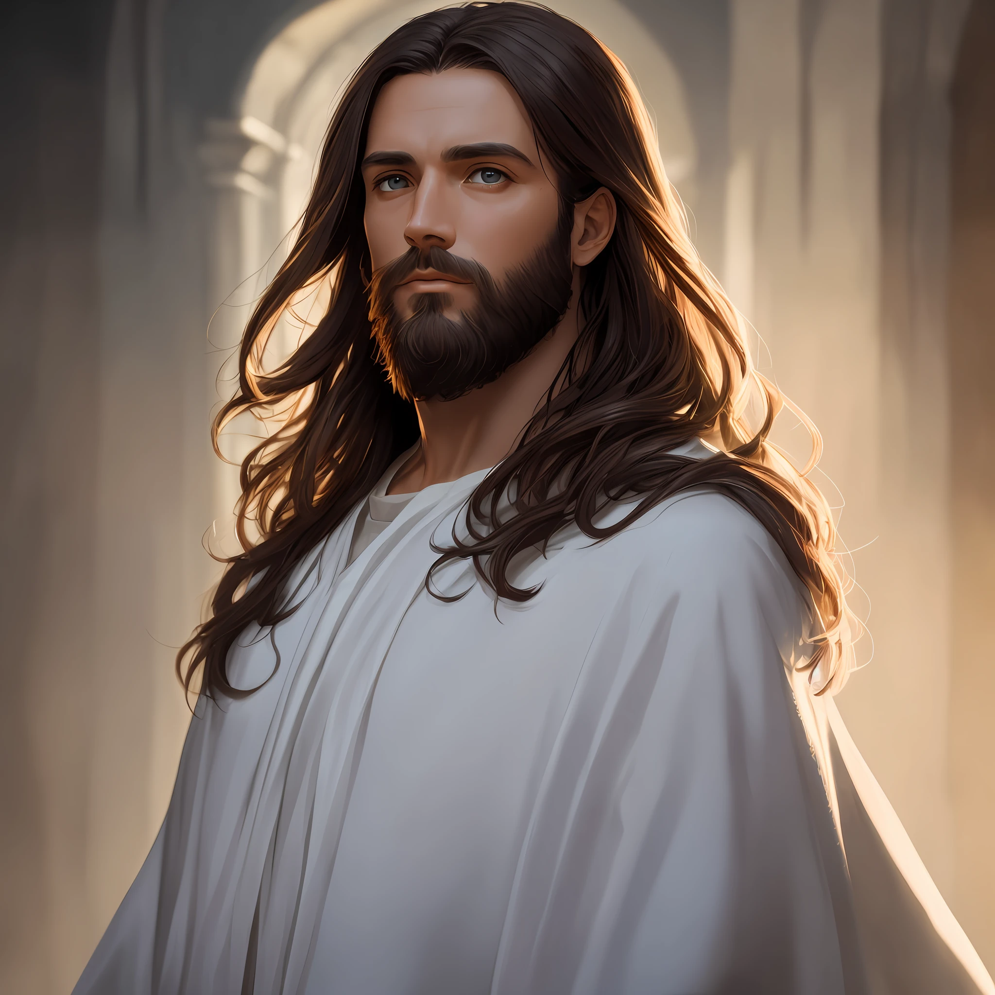 8k portrait of Jesus Christ, with medium beard, (dark brown hair and beard), dressed in white and red tonic with a luminous crown on the head, intricate, elegant, highly detailed, majestic, digital photography, art by artgerm and ruan jia and greg rutkowski surreal painting (masterpiece, side lighting, beautiful finely detailed eyes: 1.2 ), hdr, --auto