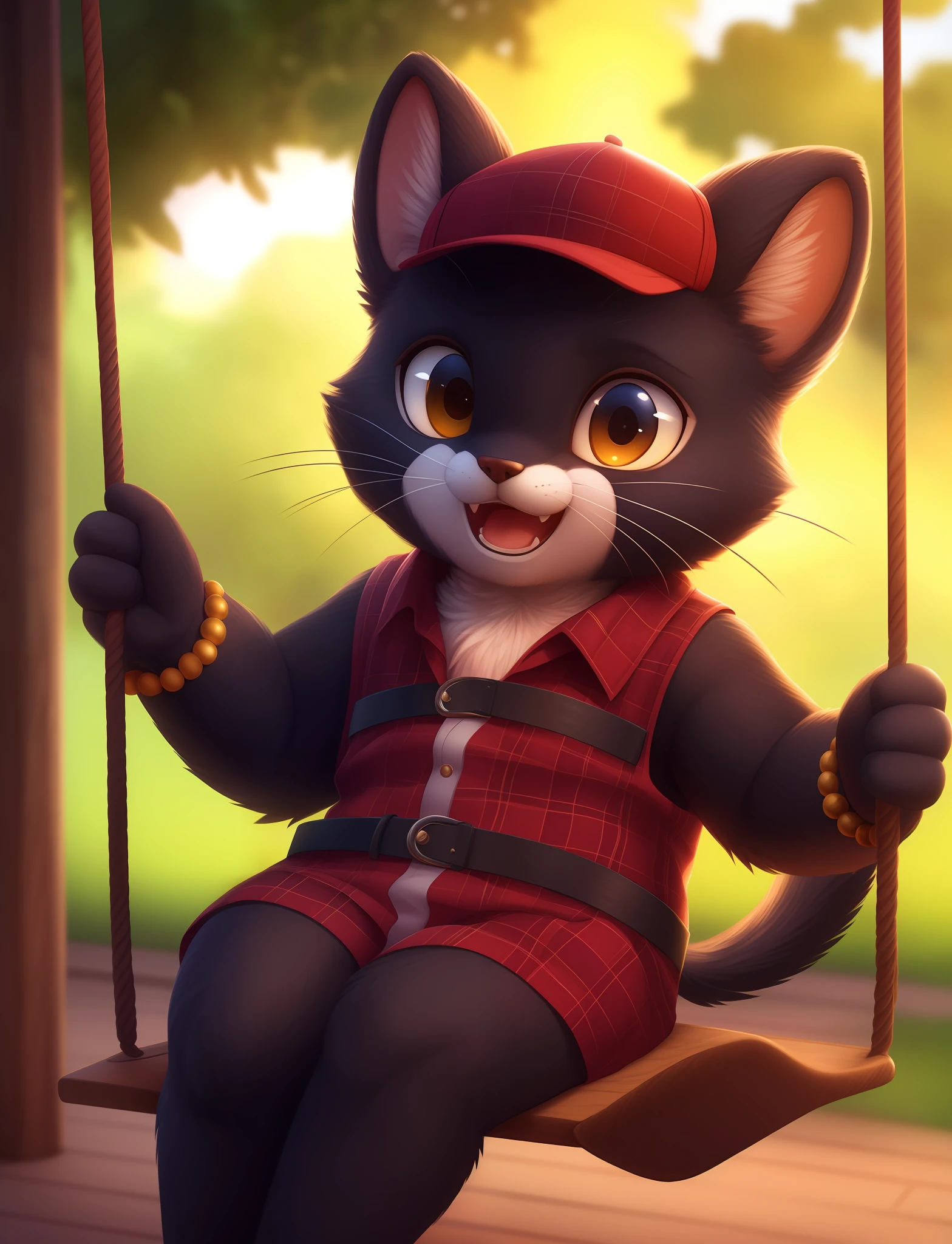 masterpiece, high quality portrait, 3D realistic CG, dramatic lighting, intricate details, sharp focus, 16k, anthro, furry, black fur, (cub), (whiskers), solo child boy, friendship bracelet, (on swing), casual wear, plaid outerwear, cap, (laughing), playground, (by kekitopu)