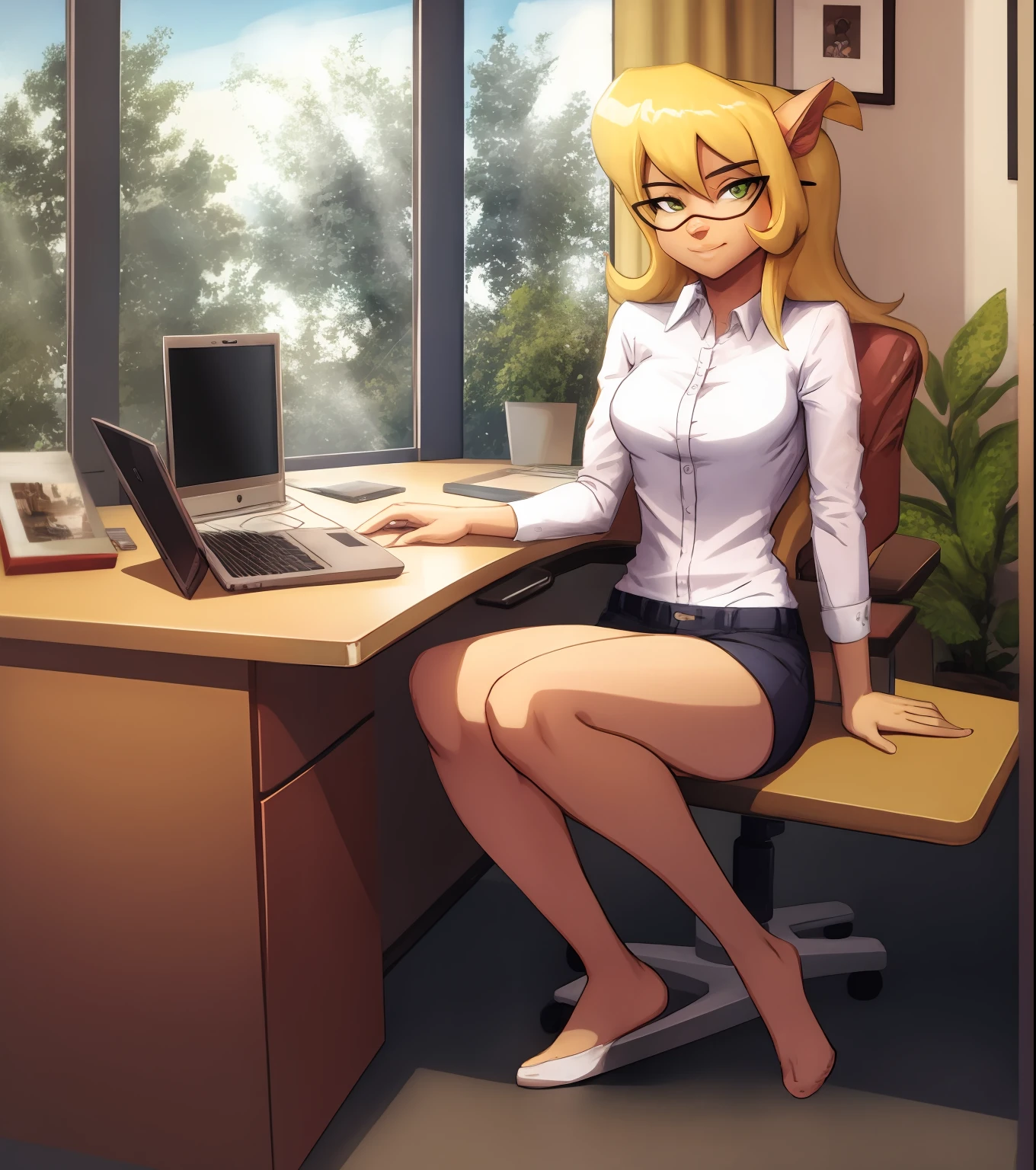 sitting on desk, feet up, looking at viewer