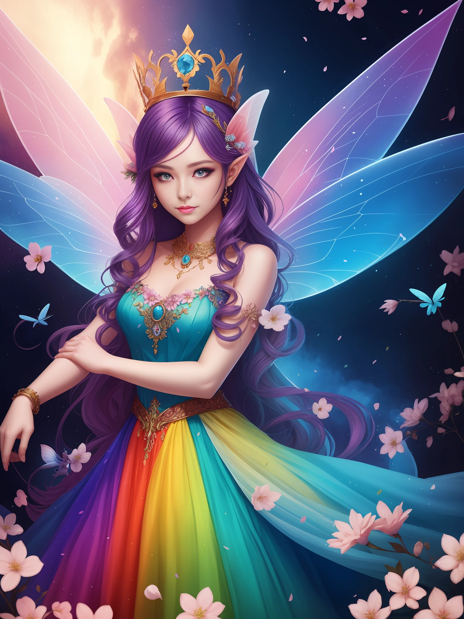 Woman in rainbow dress, beautiful fairie, fairy, fairy cgsociety, beautiful fantasy art, portrait of fairy, Fairy queen, fairy magnificent, queen of the fairies, portrait of fairy, colorfull digital fantasy art, beautiful adult fairy, space flower fairy, very beautiful fantasy art, digital fantasy art ), beautiful fairie、8K、image quality、Best image quality、maximum quality、Cherry blossom confetti dancing